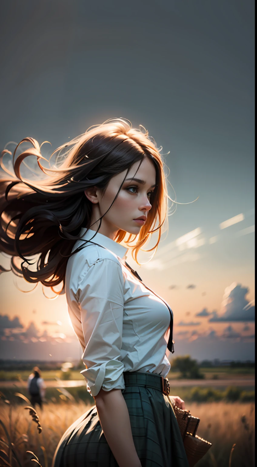 On the green prairie stands a woman in a skirt, her hair drifting in the wind, depth of field, super high detail, cinematic lighting