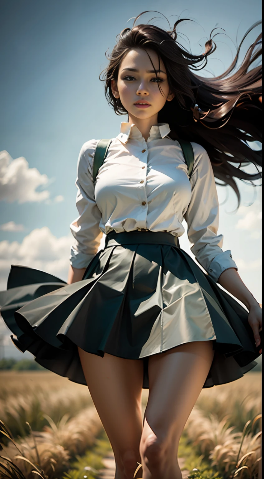 On the green prairie stands a woman in a skirt, her hair drifting in the wind, depth of field, super high detail, cinematic lighting