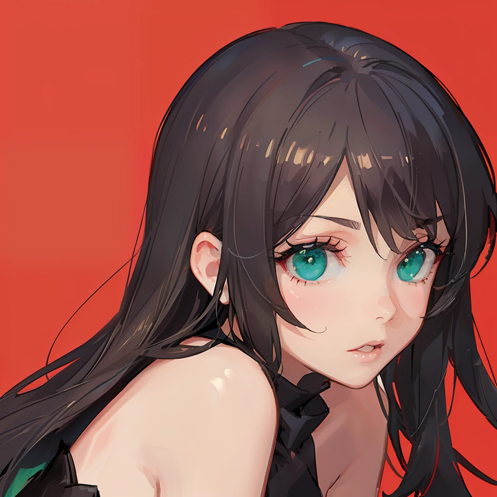 ((masterpiece)), ((best quality)), ((anime)), ((old effect)), ((90s anime)), girl, ((brunette)), ((green eyes)) , ((perfect)), eyebrow, nose, ear, mouth, lips, ((smooth straight hair)), neck, shoulders, ((arms)), ((random background color)), lustful,