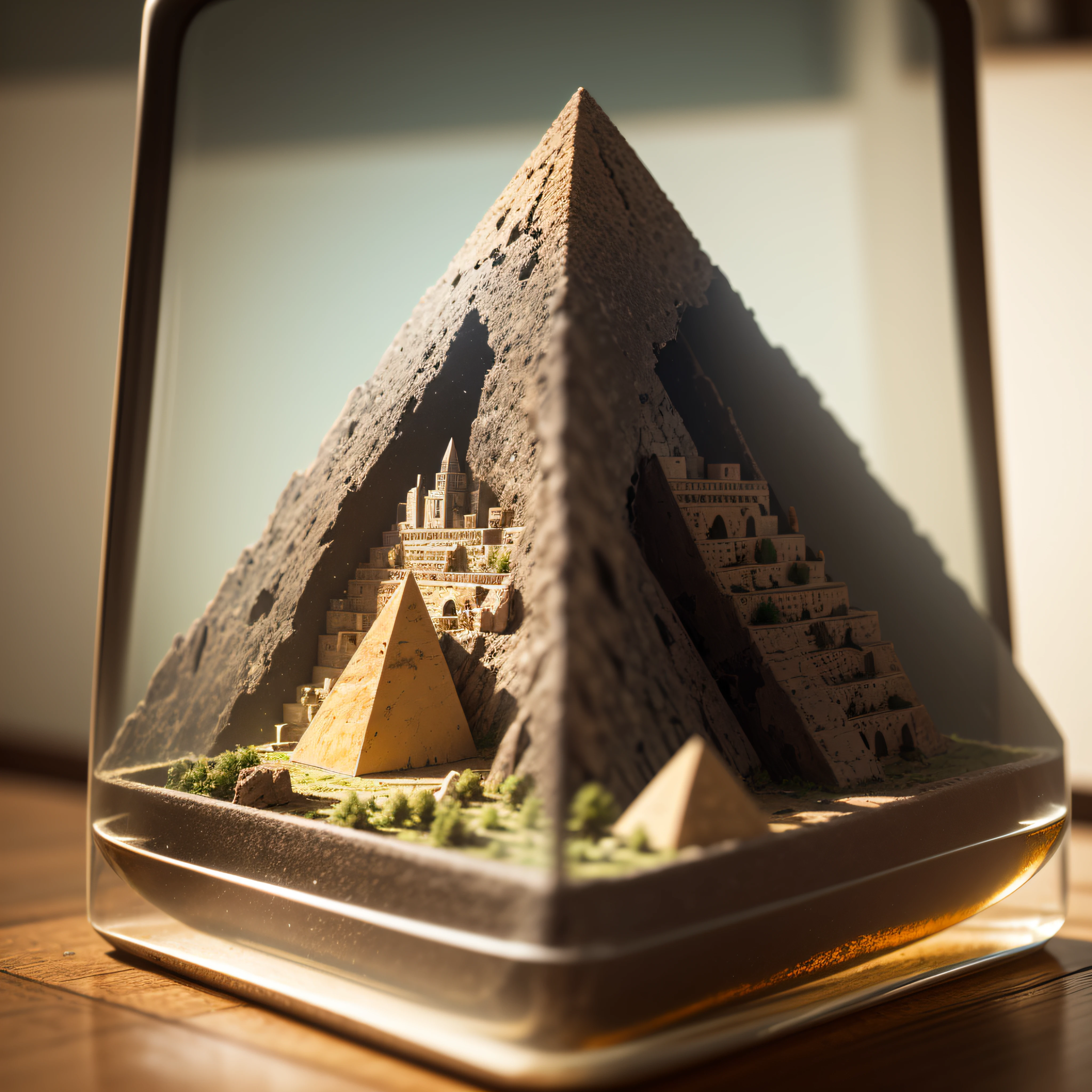 Pyramid inside a square glass jar with lid, placing on the windowsill, extremely detailed, 8K, apocalyptic punk style, miniatures, macro photography in close-up