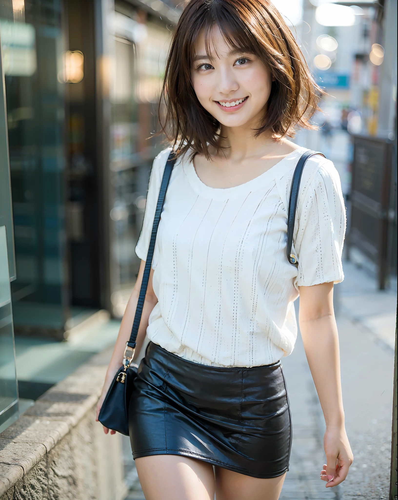 Top Quality, Face Focus, Soft Light, (Depth of Field), Ultra High Resolution, (Photorealistic: 1.4), RAW Photography, Ambient Occlusion, Walking,
1 Girl, Solo, Cute, Shy, (Smile:1.2), (Brown Eyes,Catch Light), Fine Beautiful Skin, (dark_hair, short_hair), (White Shirt, Blue Miniskirt), Smile