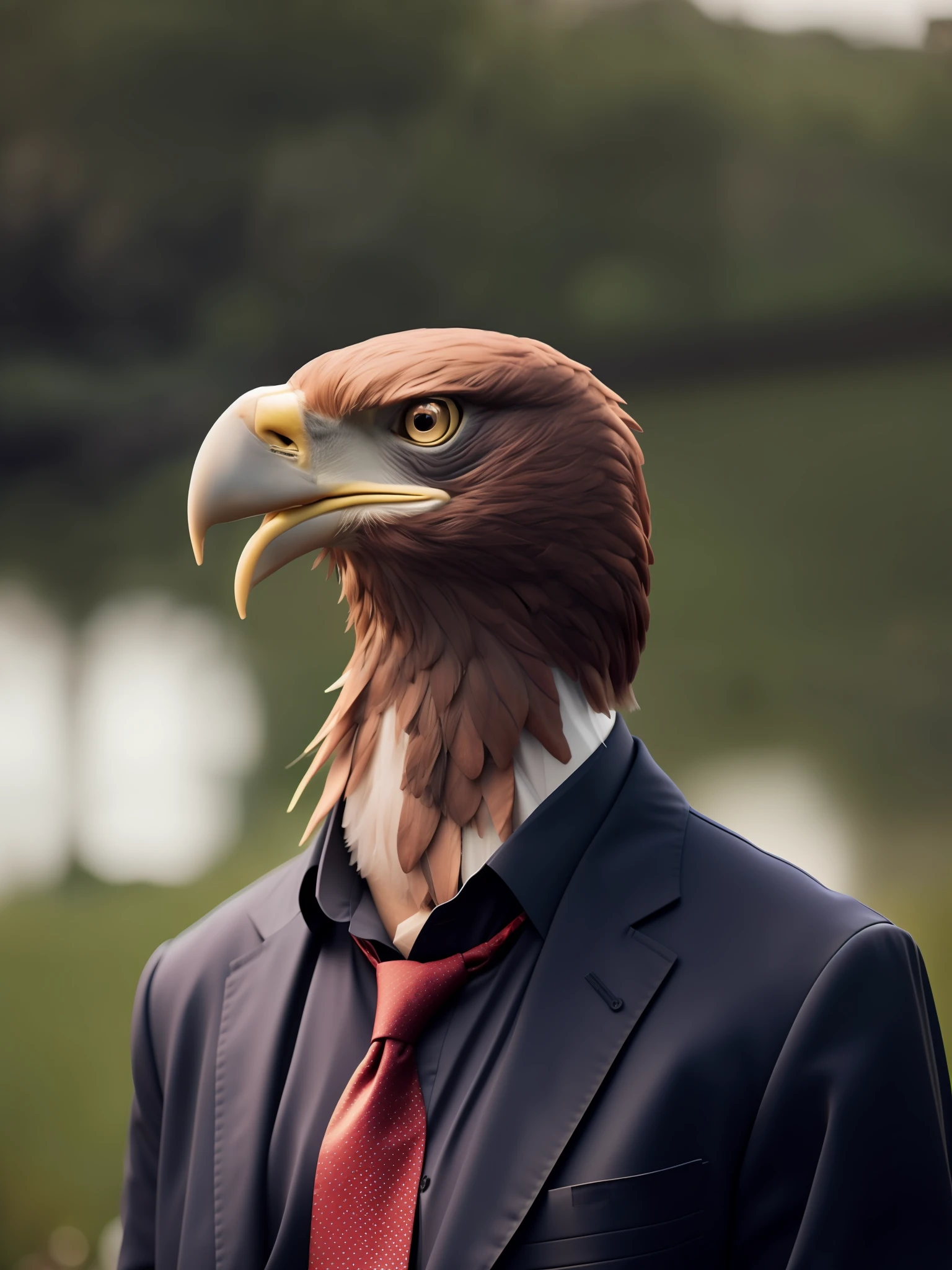fking_scifi, award-winning photographic portrait of a werecriature wereeagle eagle, wearing a black suit, a dark gray shirt and black tie with a rose embroidered on the tie, background of forest swamp mangrove trees, large head, intricate details