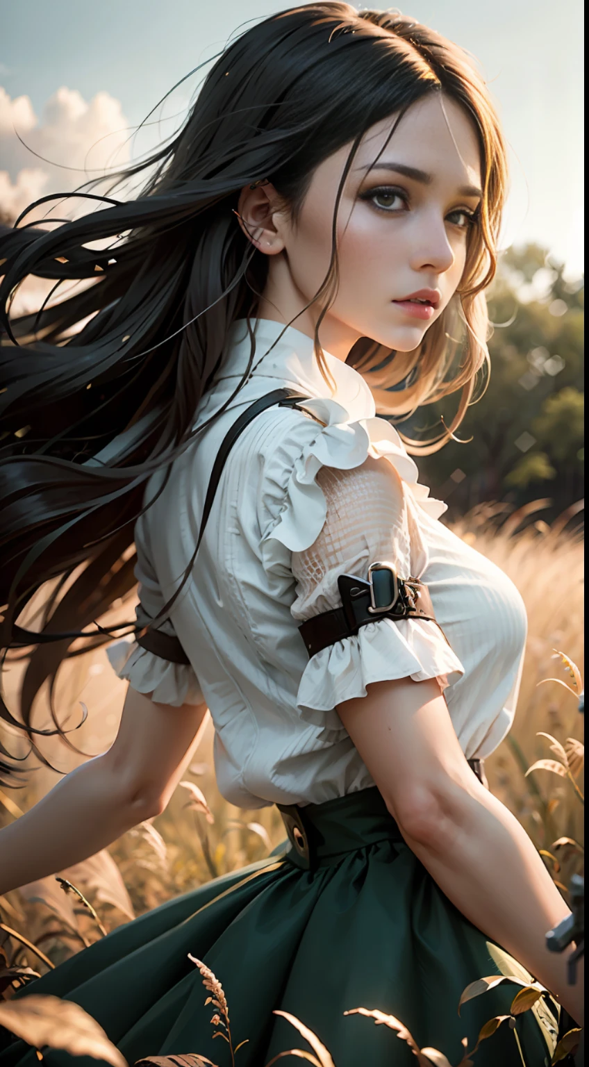 On the green prairie stands a woman in a skirt, strong contrast, hair drifting in the wind, depth of field, super high detail, cinematic lighting