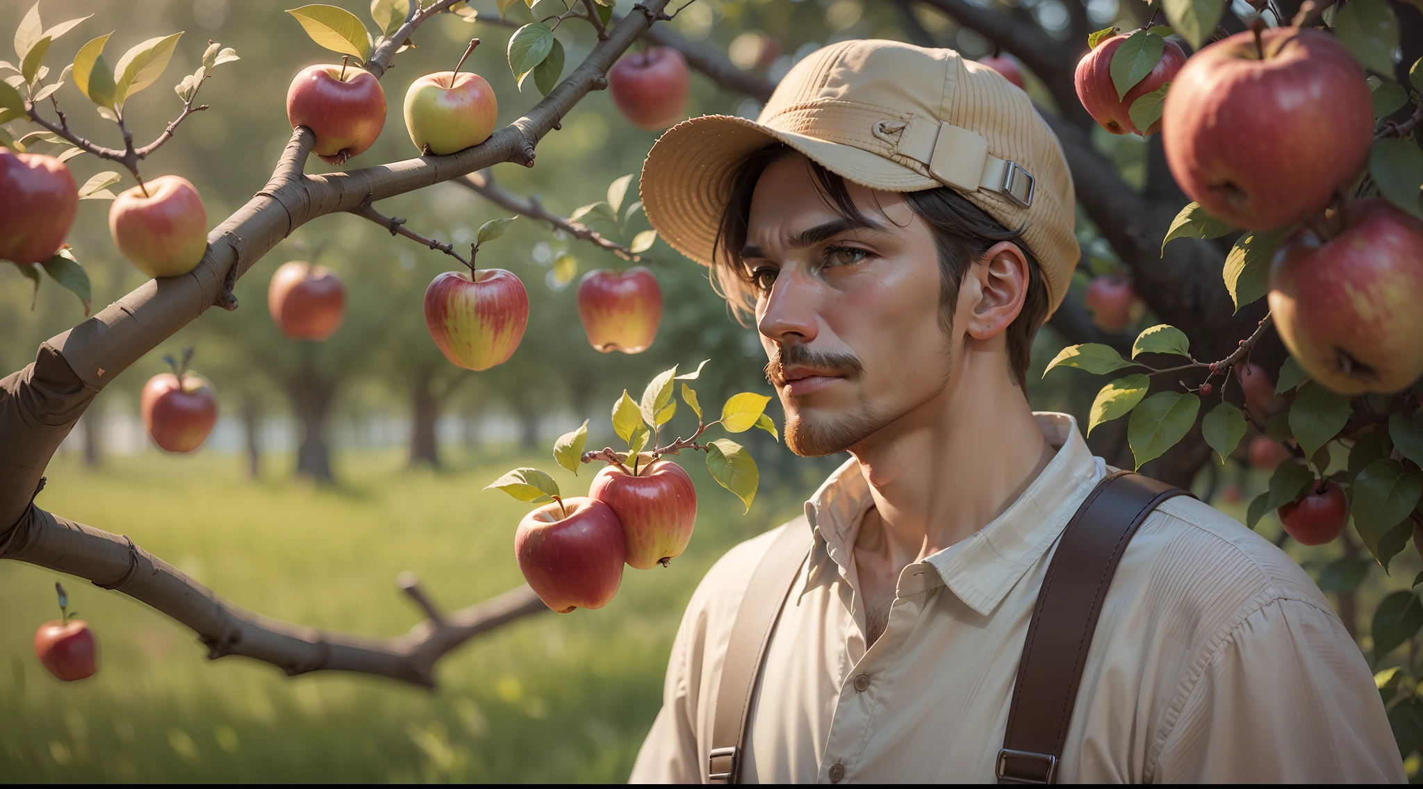 An image of a man near an apple tree.