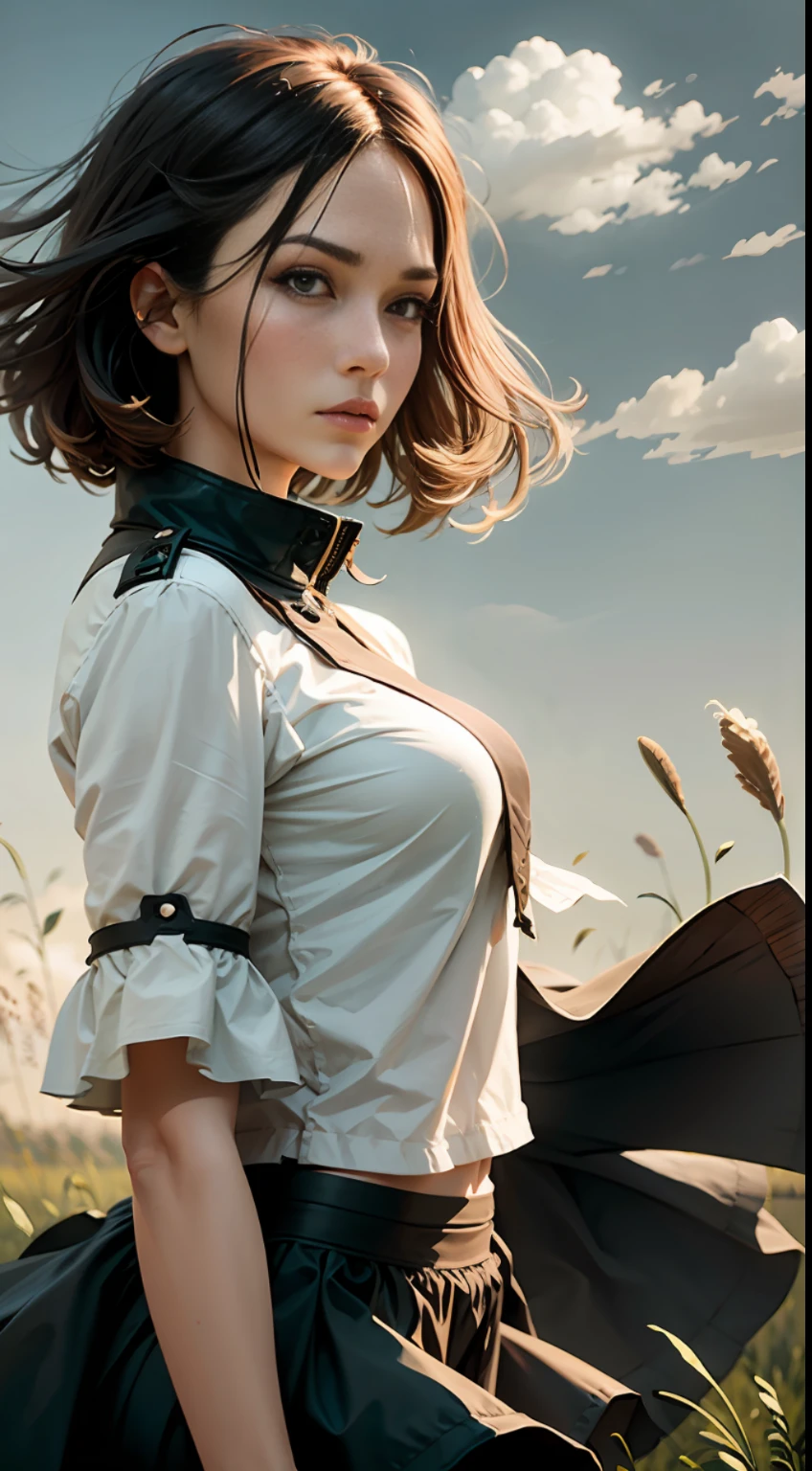 On the green prairie stands a woman in a skirt, strong contrast, hair drifting in the wind, depth of field, super high detail, cinematic lighting