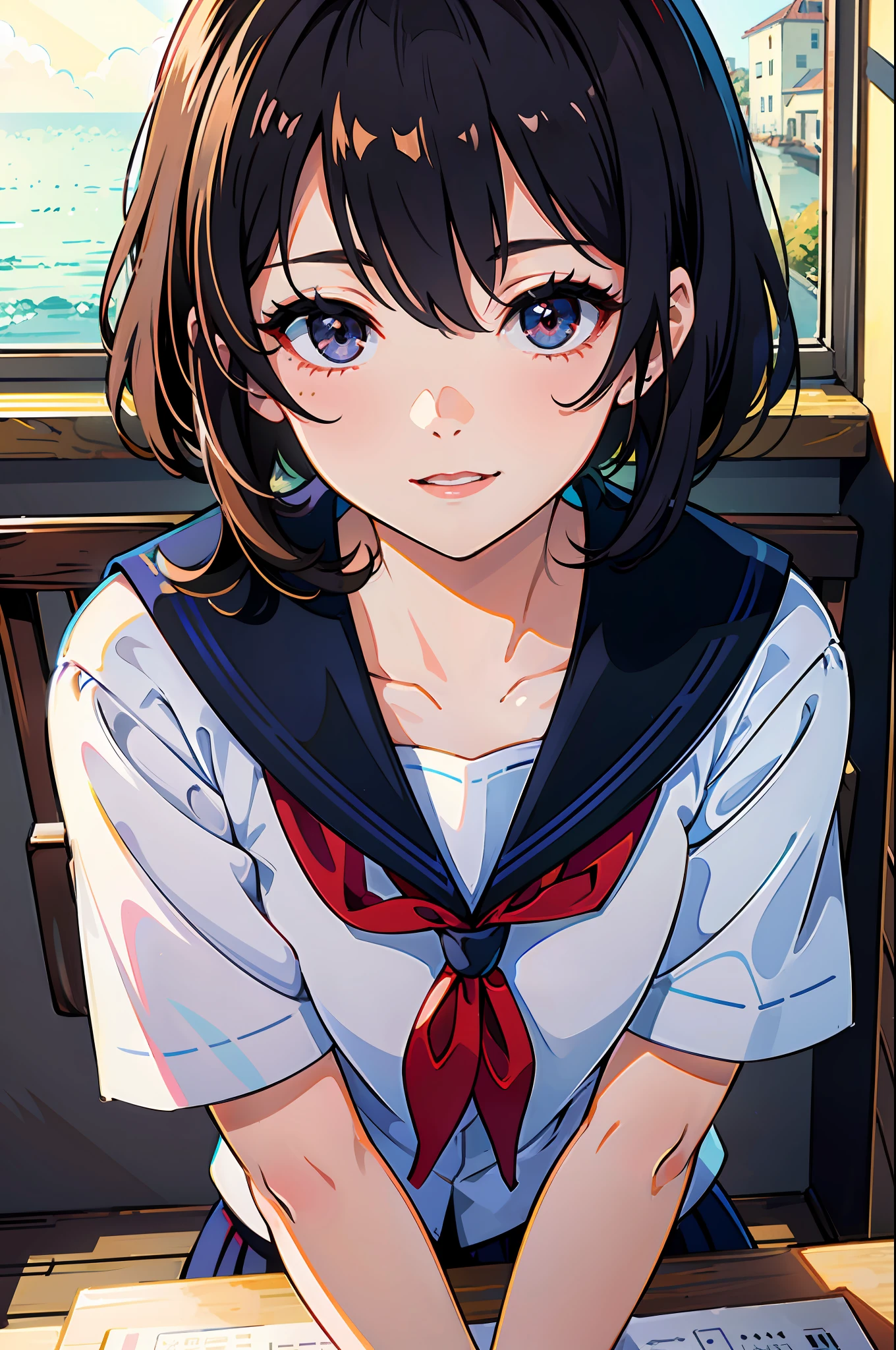 (extremely detailed CG unity 8k wallpaper, masterpiece, best quality, ultra-detailed), (best illumination, best shadow, an extremely delicate and beautiful) asuka, a bright smile on her face. She sits comfortably in her immaculate sailor school uniform, with a black short-cropped hair that frames her beautiful face perfectly. Her black eyes shimmer with delight as she proudly flaunts her navy sailor collar in the air.