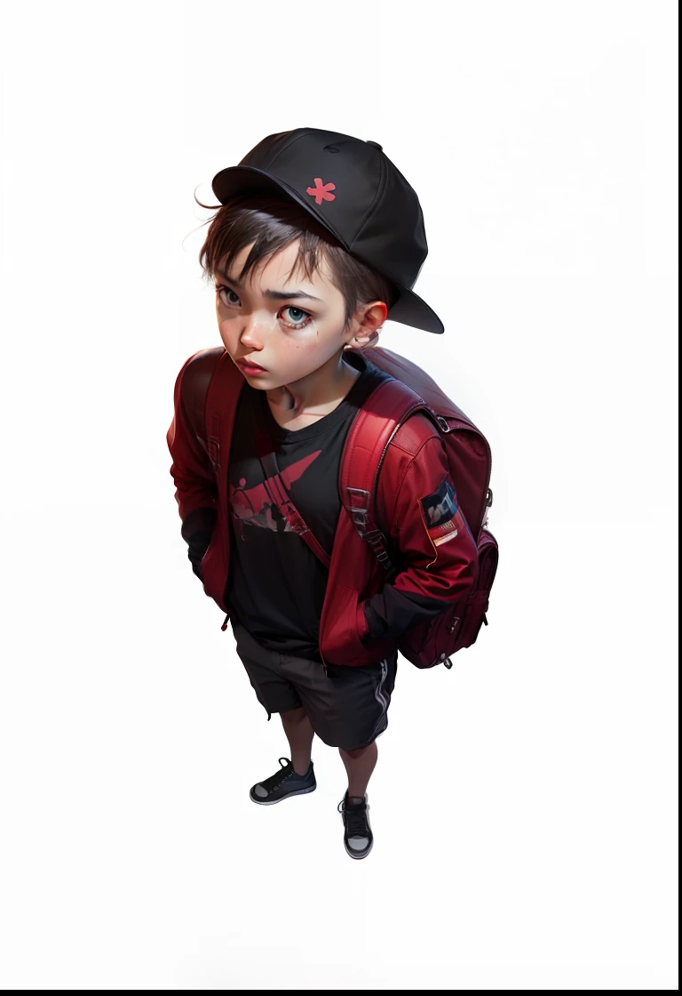 Create this character, with yellow blouse, black shorts, rancid shoes, black cap, and a backpack on the back, token style --auto