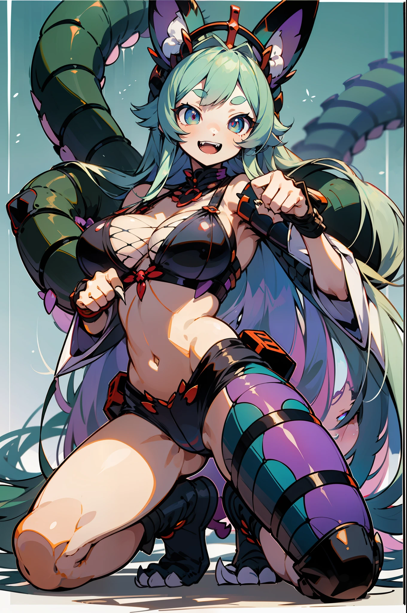 master-piece,hyper quality, hyper detailed,perfect drawing,1 beautiful girl, insect crustacean bikini armor, tentacle tail, insect crustacean paws, insect crustacean arm, insect shell fingers, hunter's eyes aiming at prey, blue-green hair purple mesh hair, Sanpaku eyes, insect eyes, vertical eyes, sharp claws, sharp fangs, height 188cm, MeasurementsB92W57H85, Nyoronyoro, Kneeling, pow pause