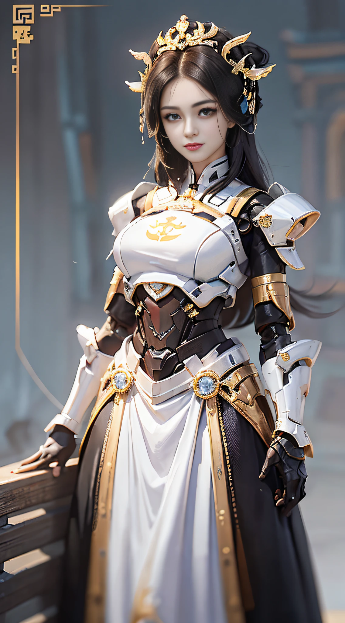 Arad woman posing in white and black dress posing for photos, gorgeous female paladin, smooth white armor, mechanized Valkyrie girl, stunning armor, overlord's albedo, Genshin impact Keqing, armor girl, white armor, heavy white and gold armor, female paladin, photo of female paladin, Yang J, mecha, light pollution, remove blur,