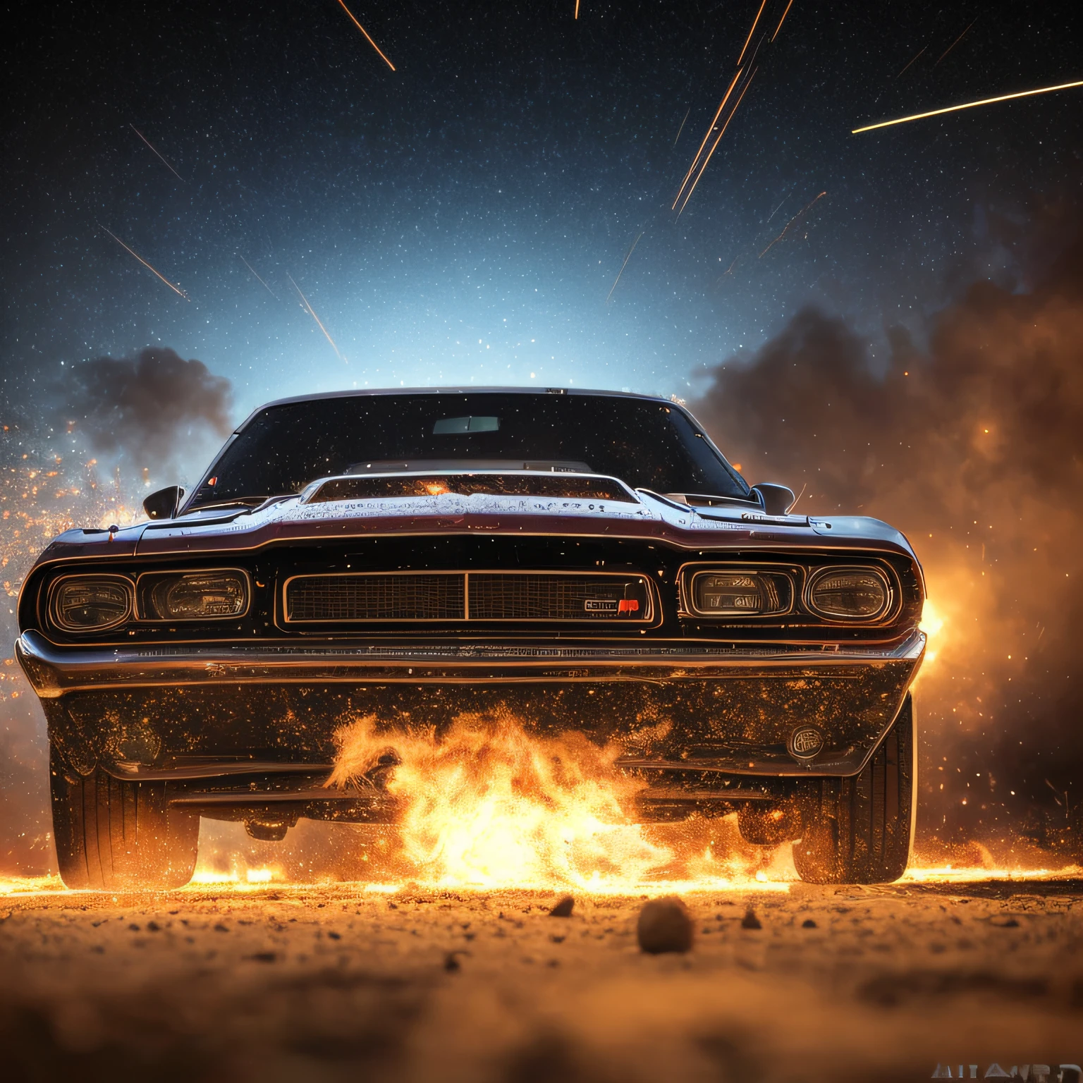Hyperrealistisches Photo of a boss muscle car, (masterpiece, best quality), particle effects, epic explosion background, vivid, hdr, night time, very detailed, (cell shaded:1.2), ray tracing, it doesn't matter if it's an inch or a quarter mile --auto