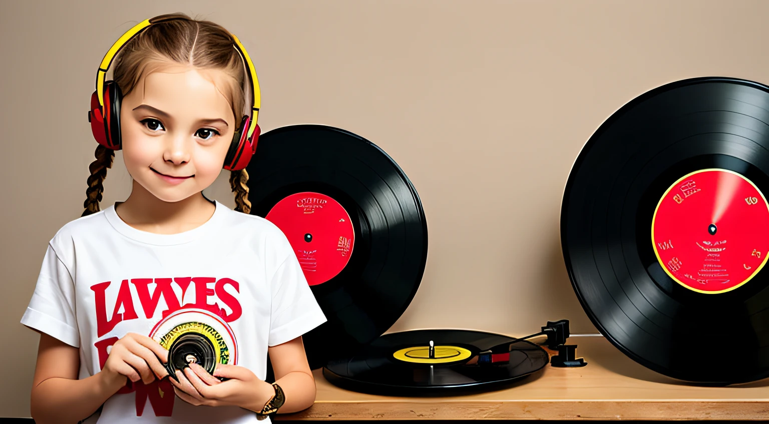 mENINA BLONDE CHILD IN BRAIDS, holding a record and a watch in her hands, music is life, music records, black and yellow and red scheme, vibrating with music, promotional images, holding a vinyl record, uploading high quality, wearing red and yellow clothes, spinning records, holding a disc, yellow and red color scheme,  Red and yellow color scheme, official product photo