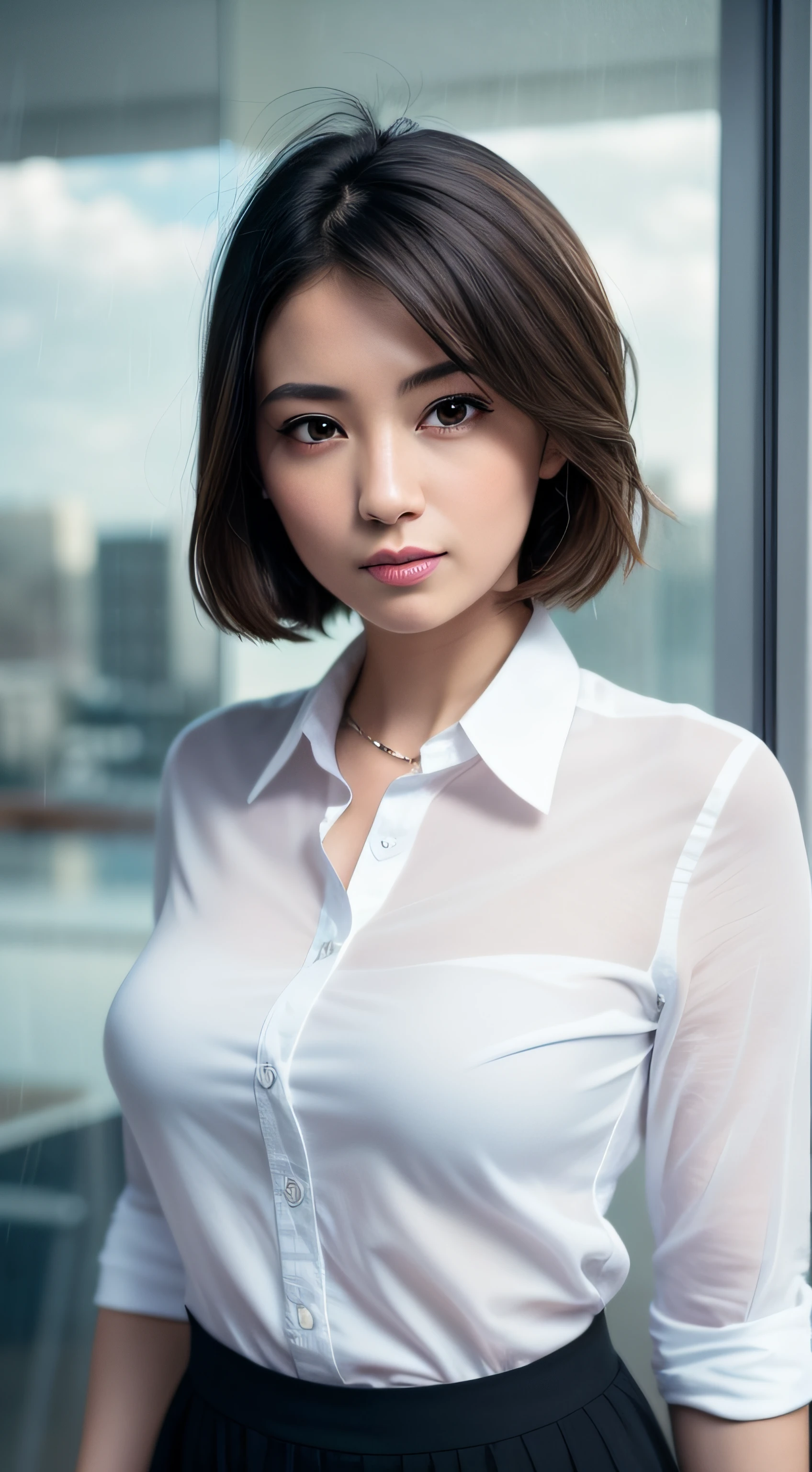 (8K, Top Quality, Masterpiece: 1.2), (Realistic, Photorealistic: 1.37), Super Detailed, 1 Girl, Cute, Solo, Beautiful Detailed Sky, Detailed Office, Night, Sitting, (Blushing Nasal), (Smile: 1.15), (Mouth Closed), Medium Breast, Beautiful Detailed Eyes, (Shirt with Collar: 1.1), Night, Wet, Business Clothes, Rain, (Short Hair: 1.2), pureerosface_v1, computer, detailed fingers, beautiful detail face, cleavage, Japan actress, 50 years old, nasolabial folds, facial wrinkles,