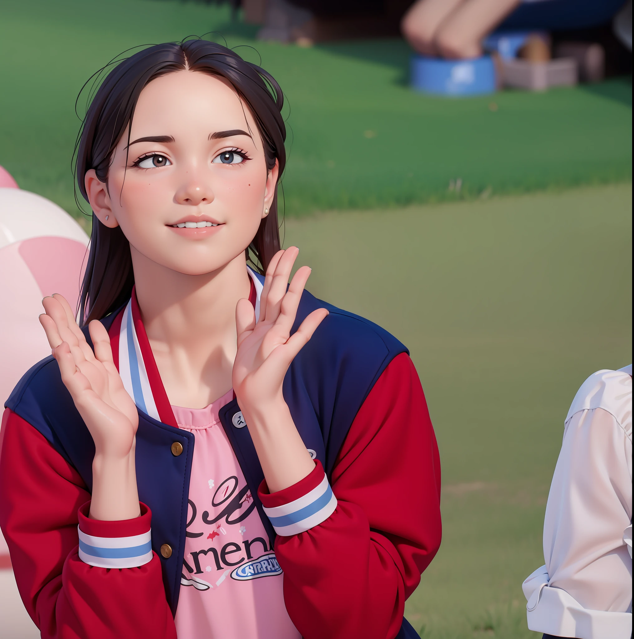 A girl, 11 years old, wearing a red and blue plaid school uniform, school playground, applauded