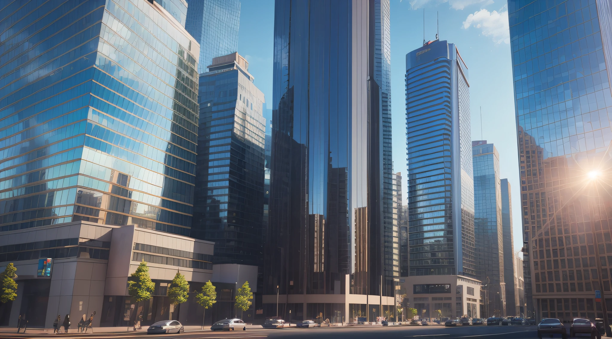 arafficial view of a city street with tall buildings and a Morning blue sky, highrise business district, with tall glass skyscrapers, buildings photorealism, realistic building, office building, realistic cinema 4 d render, with shiny glass buildings, glass buildings, rendered in v-ray, highly detailed render, very realistic 3 d render, a photorealistic rendering, Neat Window Rendering, Daytime, Main City building view