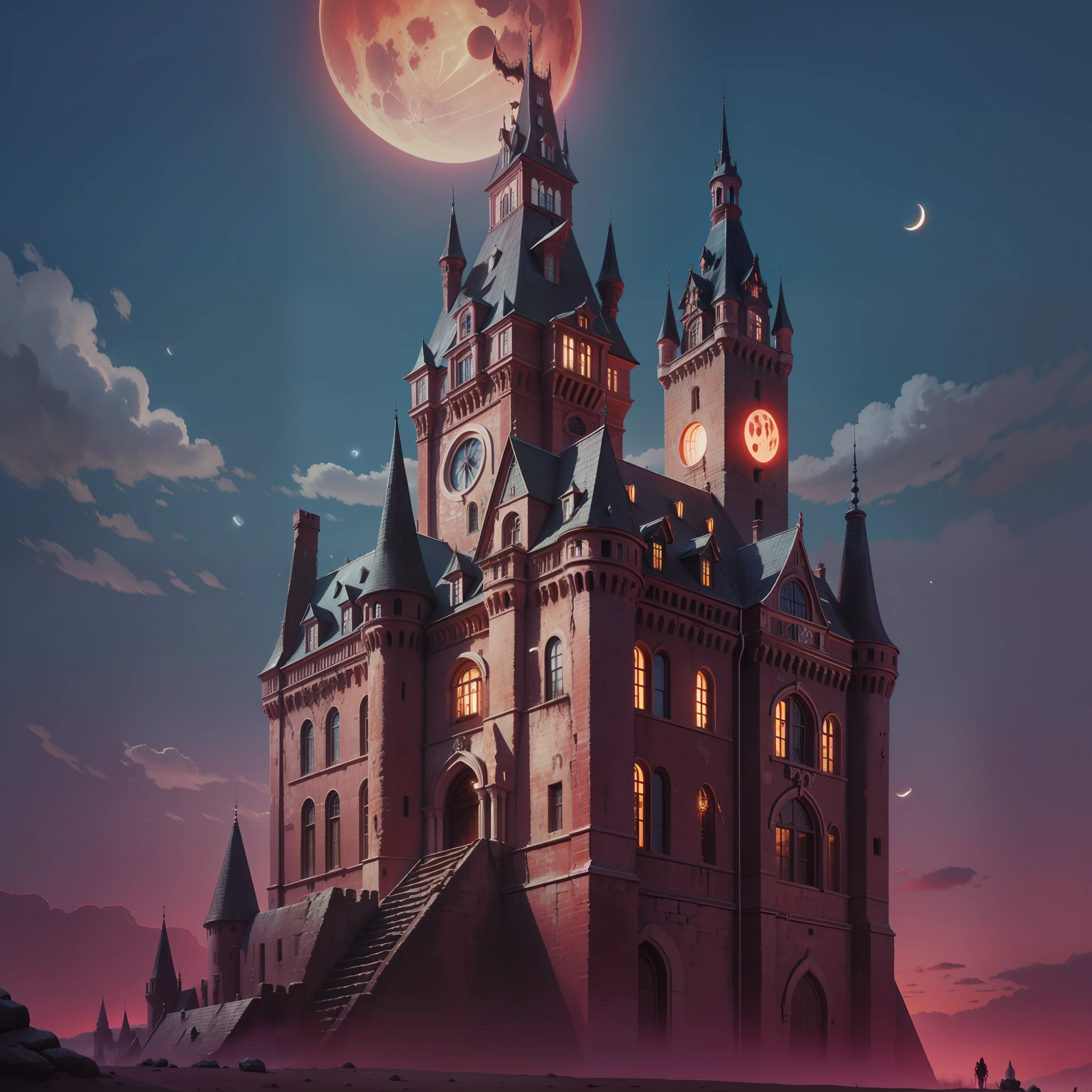 Castle, Night,Red Moon, Medieval, Vampire,4k