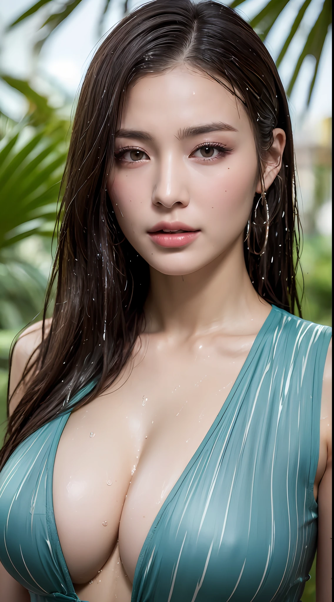 (Best quality, 4k, Masterpiece :1.3), gorgeous woman, 1girl, (skinny, fit, perfect body :1.2), abs :1.1, dark brown hair: 1.1, (rainy wet, wet body :1.2), under palm trees, ultra-detailed face, detailed lips, detailed eyes, double eyelid, large breasts
