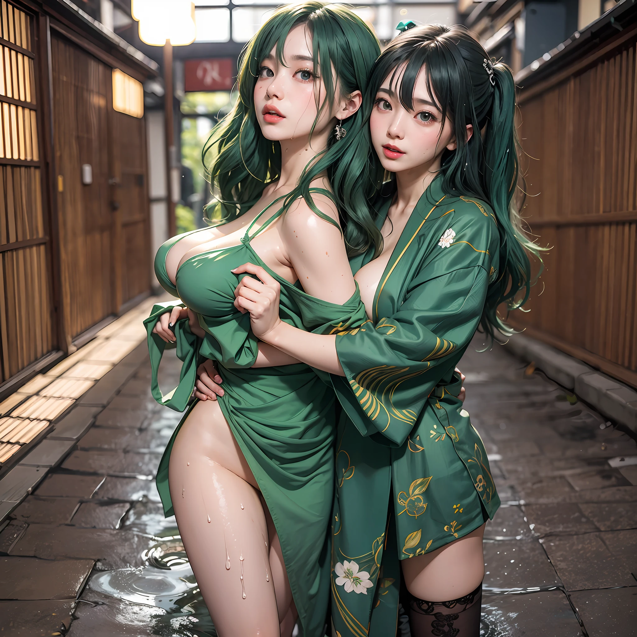 Green Hair Two Women Japanese Clothes Japanese Style Big Tits Big Tits Wet Constriction Sexy Looking Here No Panties Embarrassing Sukebe Couple Hugging Tattered Clothes Fluttering
