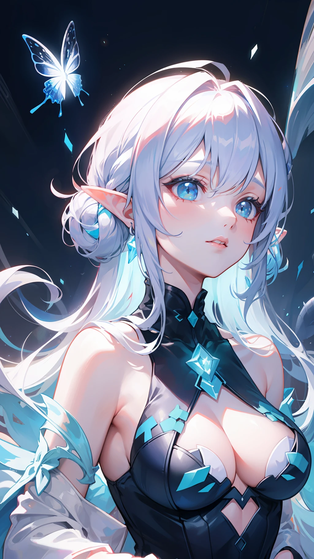 hyperrealistic photograph of low polygon style white, magical, glowing, crystalline, bioluminescent butterfly Mother pearl, hyperrealistic photograph of low polygon style white, magical, glowing, crystalline, bioluminescent Mother pearl, girl Elf