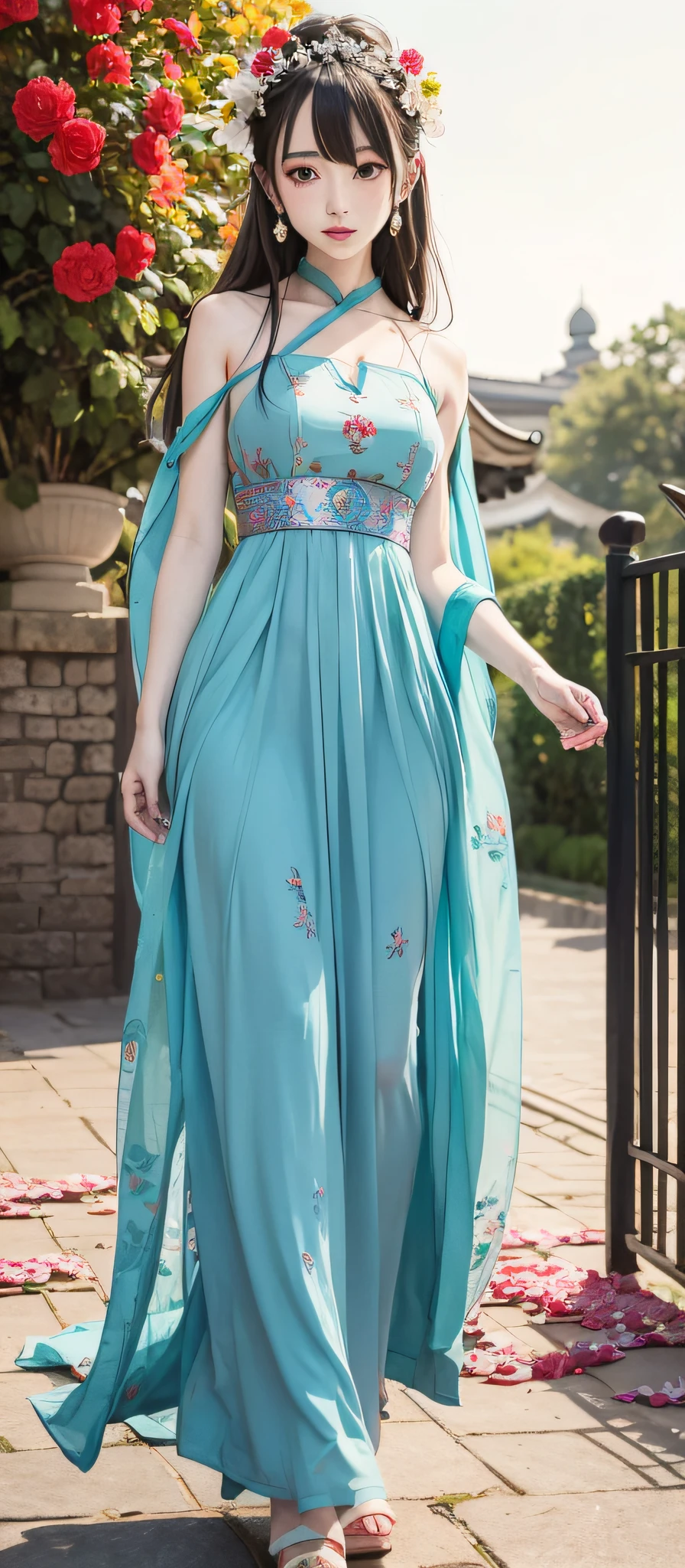 1 girl, (walks in the gate), calm expression, charming eyes, straight hair, wearing a long turquoise dress, draped in a bixia luoyun veil, skirt printed with begonia flowers, walking, (action posture), (beaded flower headdress), flowing skirt, calm posture, porcelain-like skin, subtle blush, bright colors, painting effects, dreamy atmosphere, peaceful atmosphere, idyllic sunset, super detailed, official art, unified 8k wallpaper,
