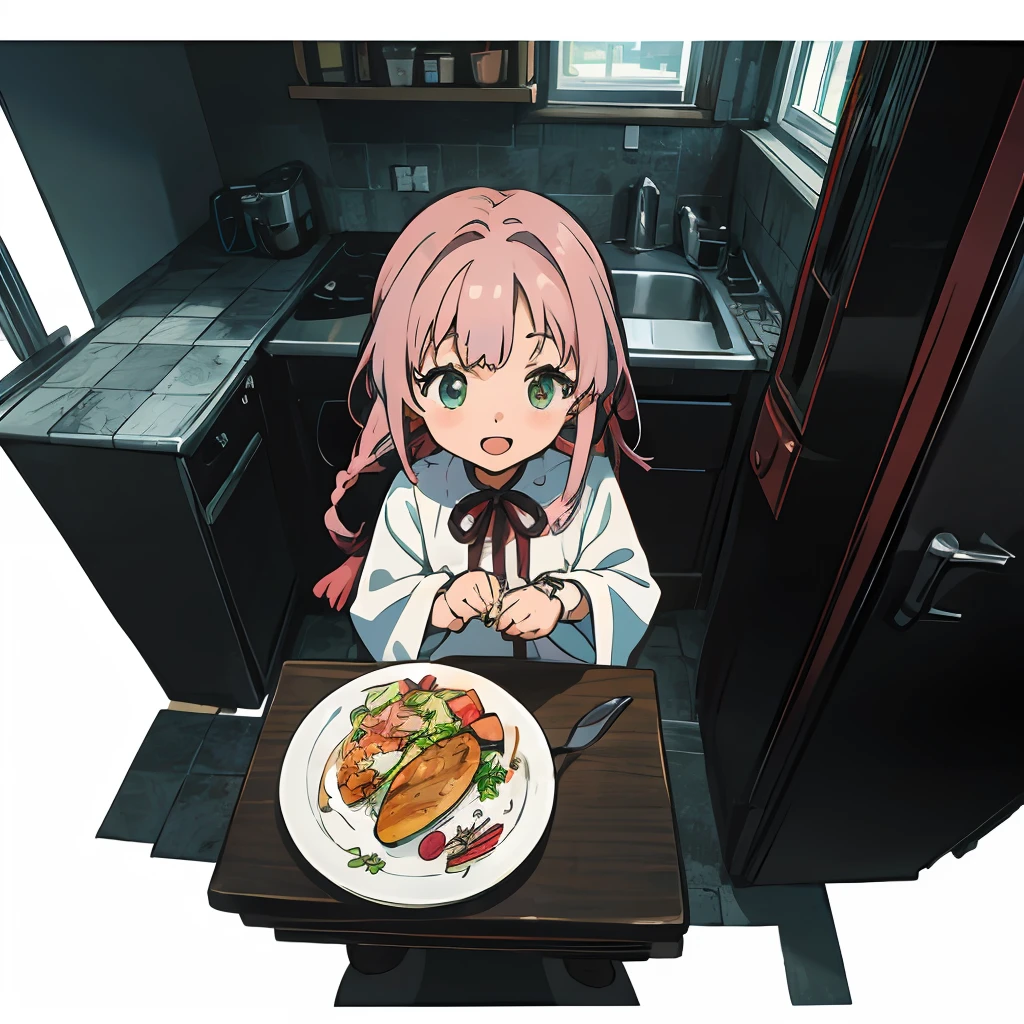 (Super detailed, high resolution, Kyoto animation style anime illustrations, highest quality official art featured: 1.6), beautiful face, eyes, highly detailed body, very detailed hair, nice hands, perfect hands, beautiful hands, (1 girl: 1.4), (Chibi: 0.8), (cute: 1.2), (cute: 1.2), (loli: 0.5), break,one girl, solo, in a shining meadow, {heterochromia,pale blue eyes,pale green eyes:1.5}, silhouette of star eyes, standing figure, happy, :d, Breaks ((pale pink hair, braid, semi-long hair, ribbon: 1.5)), thinning hair, break, big (dynamic angle: 1.2), break, indoor, kitchen, stove, sink, shelf, from above, ((looking down)), ((looking away)), closed mouth, cooking, lunch on table,