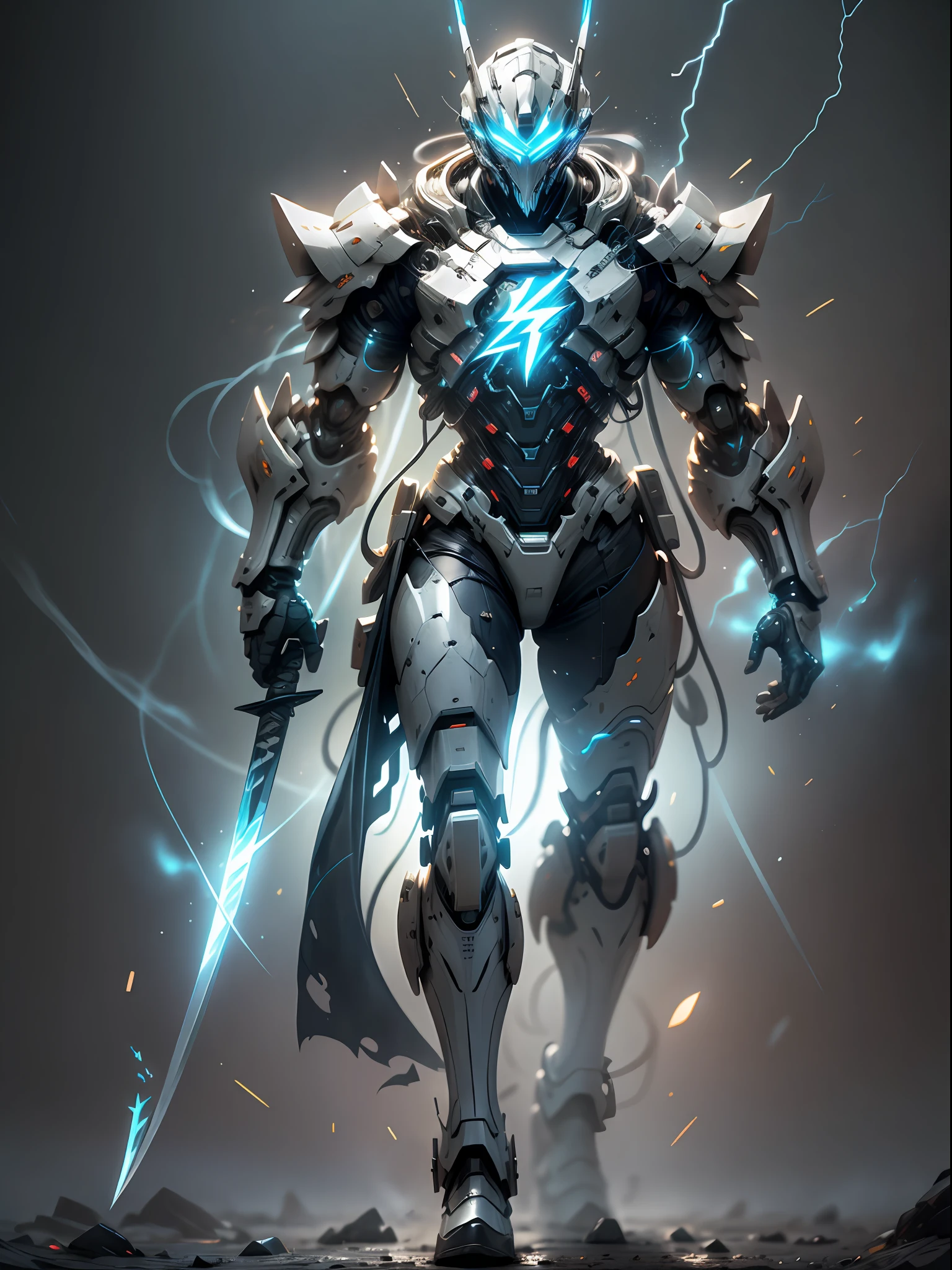 Blue Ghost Hunter, Super Cool Ghost Killer, Wearing Blue Mechanical Armor, Lightning Surrounding, Katana Held, Standing Frontal, Perfect Body Proportions, Super Detail, Realistic, Shiny, Reflective, Bioluminescent, Galactic Cybernetic Mask, Mecha, (Executioner: 1.2), Cape, SH4G0D, GlowingRunes_red, Full Body, Movie, Dark Background, Backlight, High Contrast,