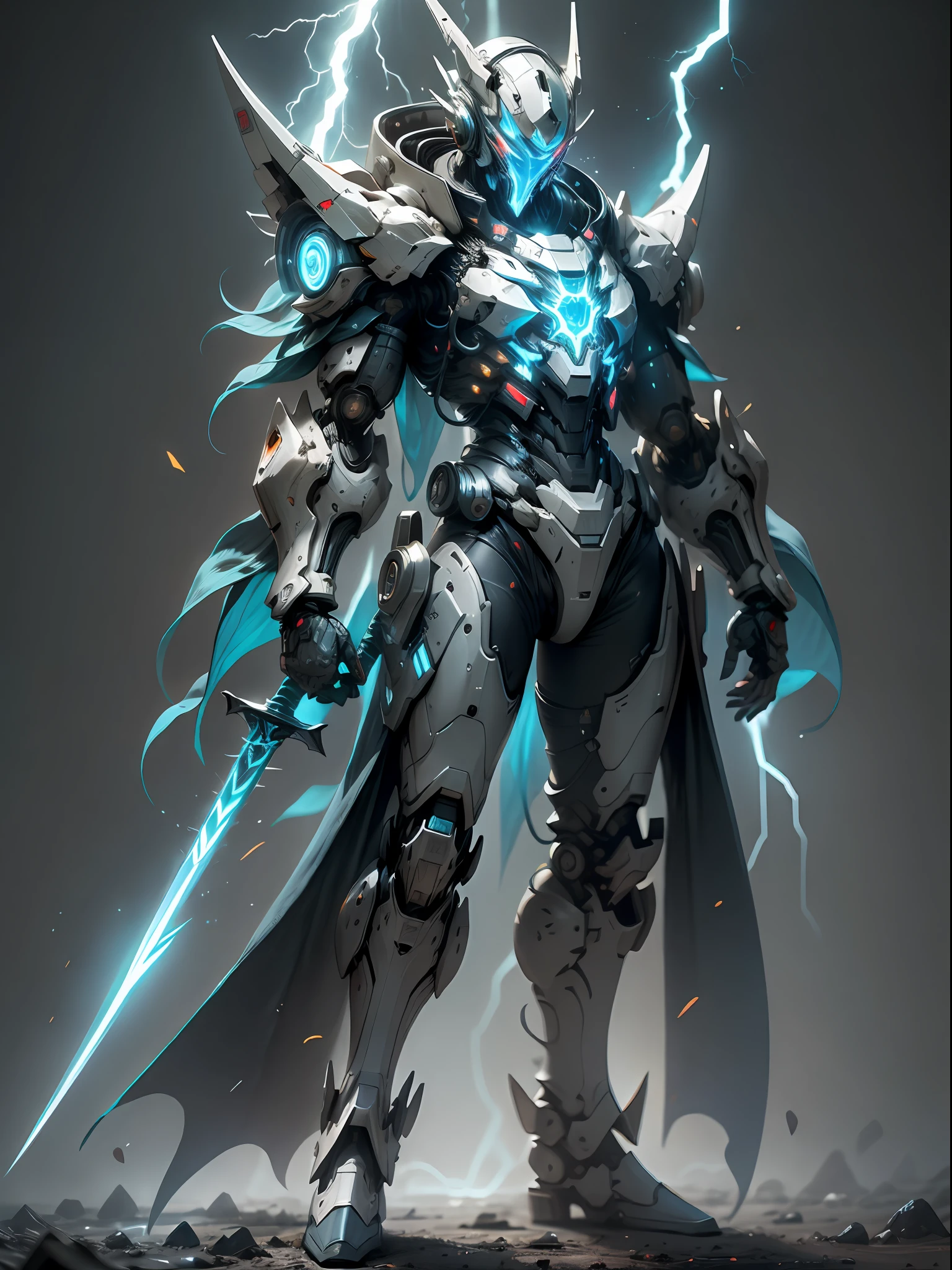 Blue Ghost Hunter, Super Cool Ghost Killer, Wearing Blue Mechanical Armor, Lightning Surrounding, Katana Held, Standing Frontal, Perfect Body Proportions, Super Detail, Realistic, Shiny, Reflective, Bioluminescent, Galactic Cybernetic Mask, Mecha, (Executioner: 1.2), Cape, SH4G0D, GlowingRunes_red, Full Body, Movie, Dark Background, Backlight, High Contrast,