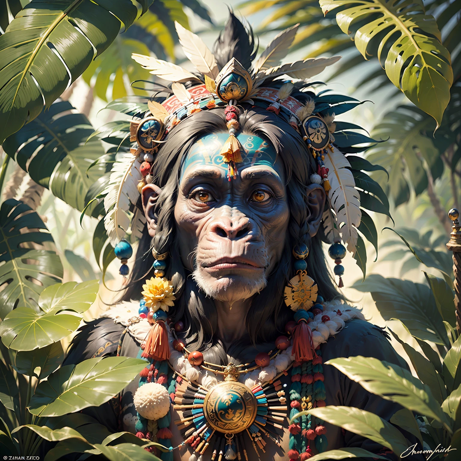 Cheerful Chimpanzee Head ((Shaman)),((meditative state),,Shaman, elegant chimpanzee, hair with details, with Indian headdress on head, ((meditating)) many colorful feathers, colored feathers, facing the camera, detail: dense tropical foliage, highly detailed intricate, ((masterpiece)), ultra hyperrealistic, masterpiece