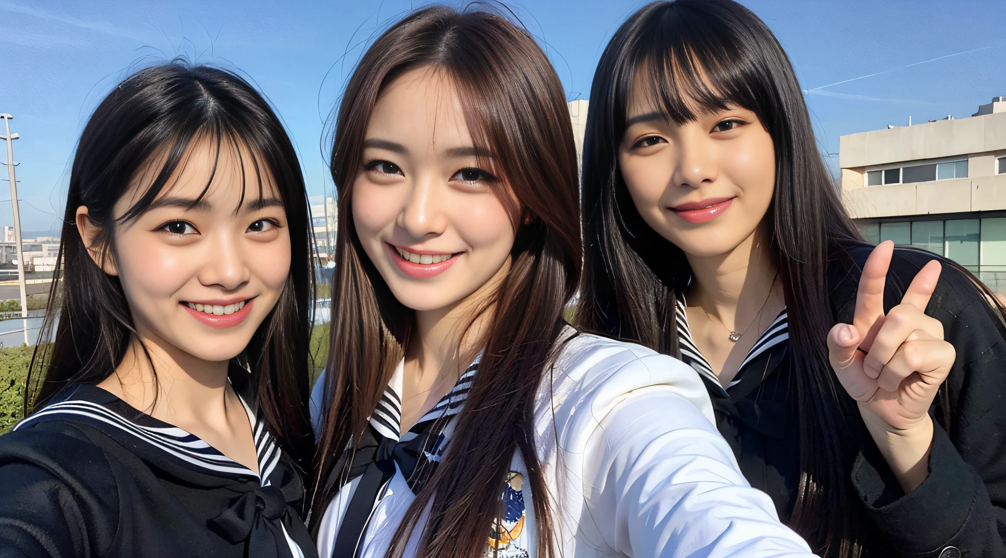 (8k, RAW photos, top quality, masterpiece: 1.2), ultra detail, super resolution, (realistic, actual photos: 1.37), (photorealistic: 1.6), eating lunch on the roof of the school. , Fantastic scenery, cute lunch box, Gakko rooftop, lunch break, fashionable school, futuristic city, school of the future, future world, fantastic world, new world, high resolution RAW color photo, professional photo, very detailed and beautiful, (pointing at the camera), real light (with both hands wide open and palm facing us), smile so much that you can see your teeth, beautiful scenery mixed with light, Very detailed sailor suit, amazingly cute female proofreading, amazing cute smile, transcendent cute face, amazing details, red scarf, very detailed beautiful girls, different pattern face, one is a ponytail, modern cute schoolgirl, very detailed face very detailed eyes, very realistic skin, very detailed fingers, very detailed nose, very detailed mouth, perfect anatomy, Highly detailed sailor suit, highly detailed background,after school,。 full of smiles, long straight hair, (dull bangs: 1.2), Celebrity level cuteness, high school girl youth (pink eye shadow)