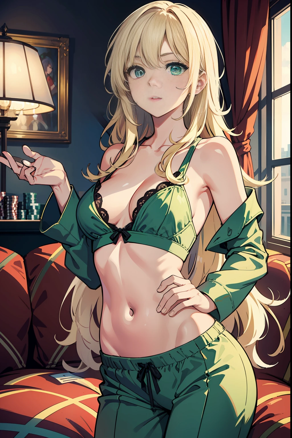 masterpiece, best quality, refined facial features, dynamic pose, 1girl, platinum blonde hair, long hair, green eyes, small lively breasts, at home, on sofa, poker face, front view, standing, perfect and well designed eyes, pyjama