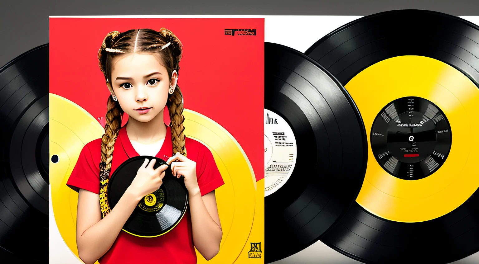 BLONDE CHILD IN BRAIDS, holding a record and a watch in her hands, music is life, music records, black and yellow and red scheme, vibrating with music, promotional images, holding a vinyl record, uploading high quality, wearing red and yellow clothes, spinning records, holding a disc, yellow and red color scheme, Red and yellow color scheme, official product photo