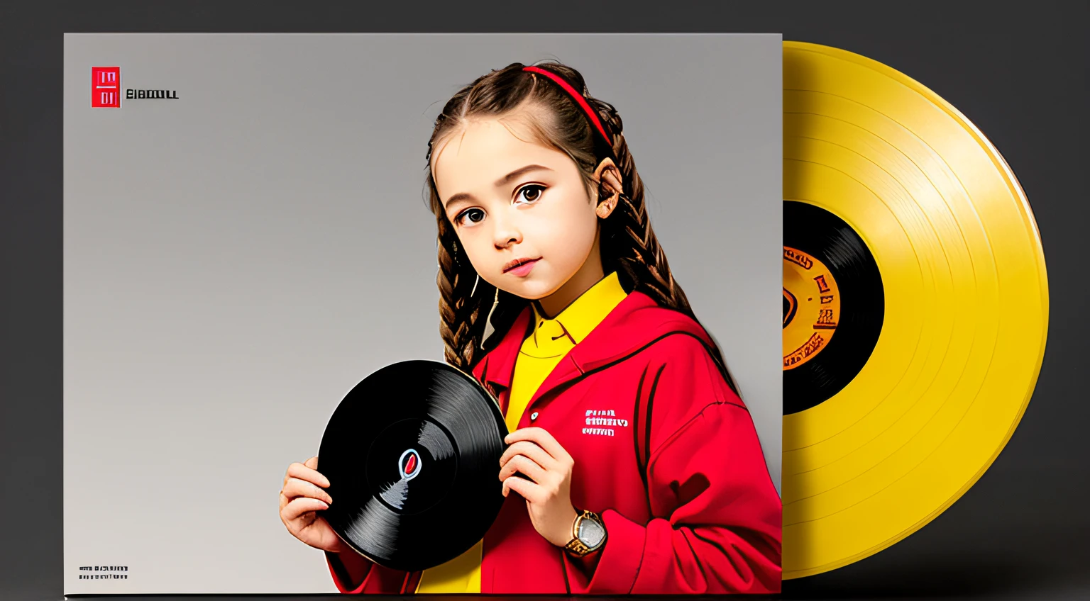 mENINA BLONDE CHILD IN BRAIDS, holding a record and a watch in her hands, music is life, music records, black and yellow and red scheme, vibrating with music, promotional images, holding a vinyl record, uploading high quality, wearing red and yellow clothes, spinning records, holding a disc, yellow and red color scheme,  Red and yellow color scheme, official product photo