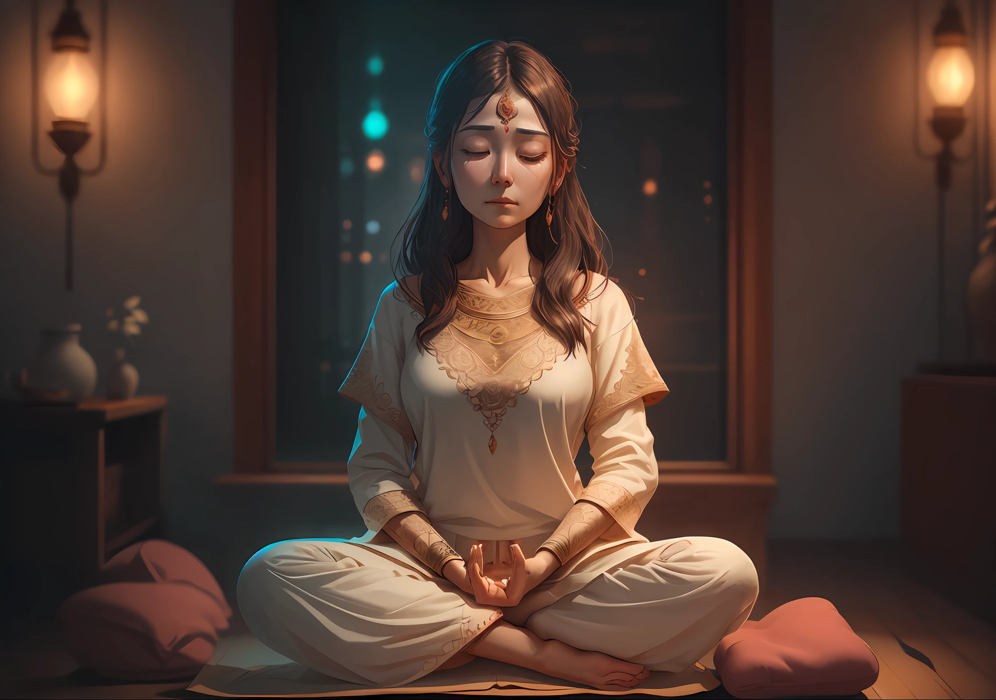 (((Meditating))) Real woman, meditating, both hands in medication posture, relaxing, (detailed facial features), intricate detailed background, dreamy, trend in artstation, UHD, 8k, atmosphere, luminosity, front lighting, --auto --s2