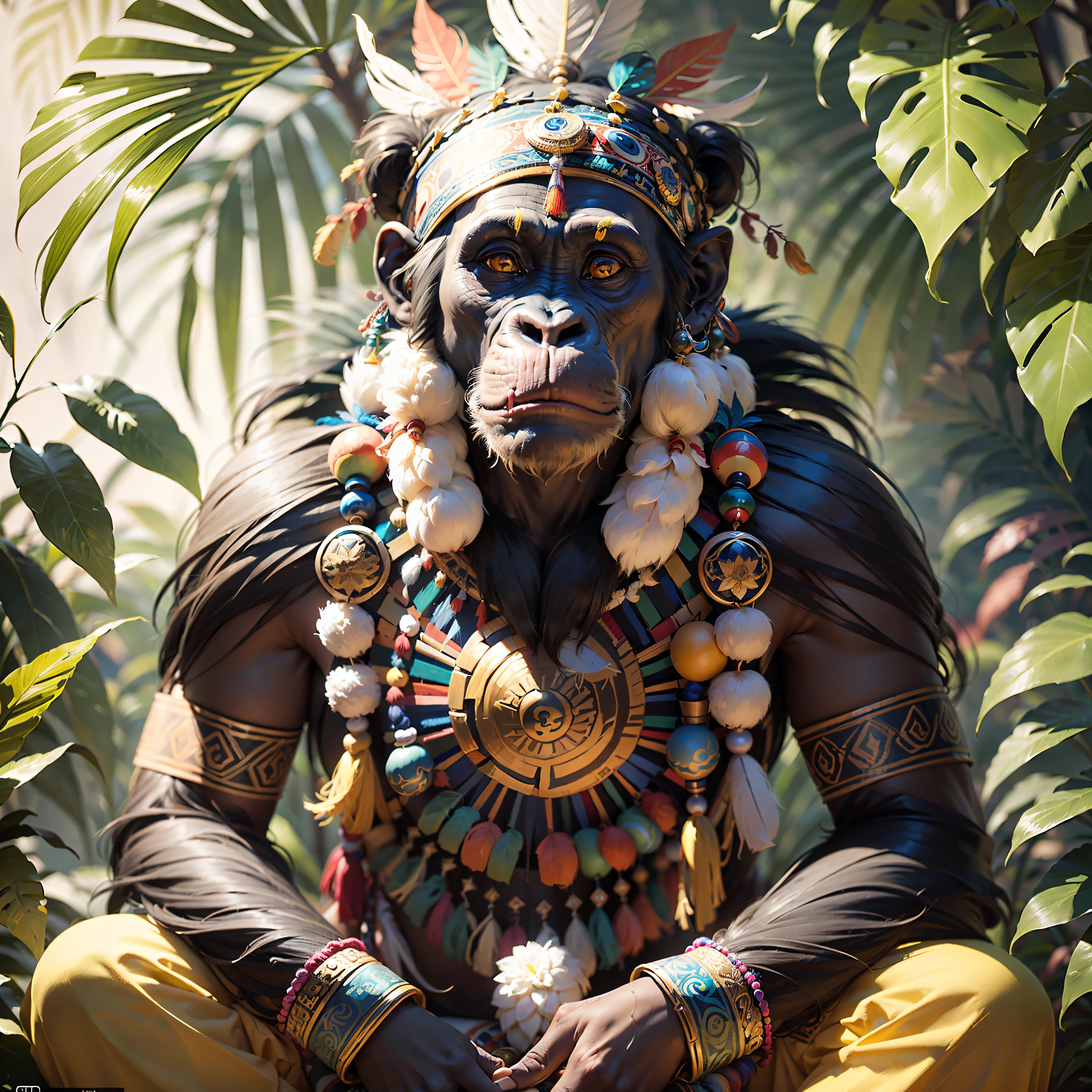 Cheerful Chimpanzee Head ((Shaman)),((meditative state),,Shaman, elegant chimpanzee, hair with details, with Indian headdress on head, ((meditating)) many colorful feathers, colored feathers, facing the camera, detail: dense tropical foliage, highly detailed intricate, ((masterpiece)), ultra hyperrealistic, masterpiece
