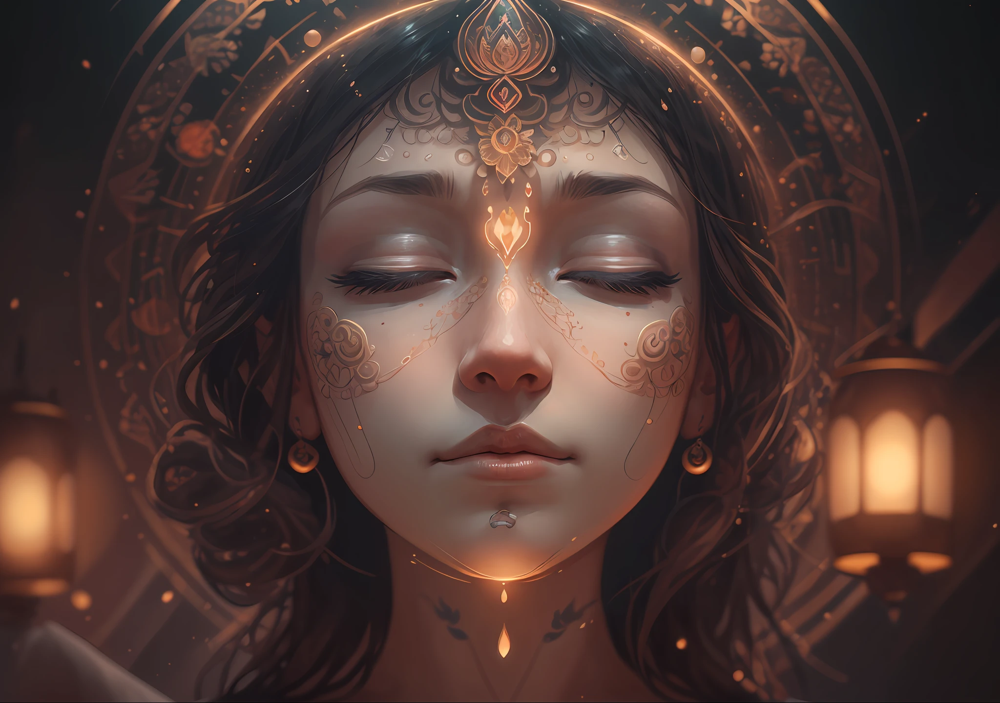 (((Meditating))) Real woman, meditating, both hands in medication posture, relaxing, (detailed facial features), intricate detailed background, dreamy, trend in artstation, UHD, 8k, atmosphere, luminosity, front lighting, --auto --s2