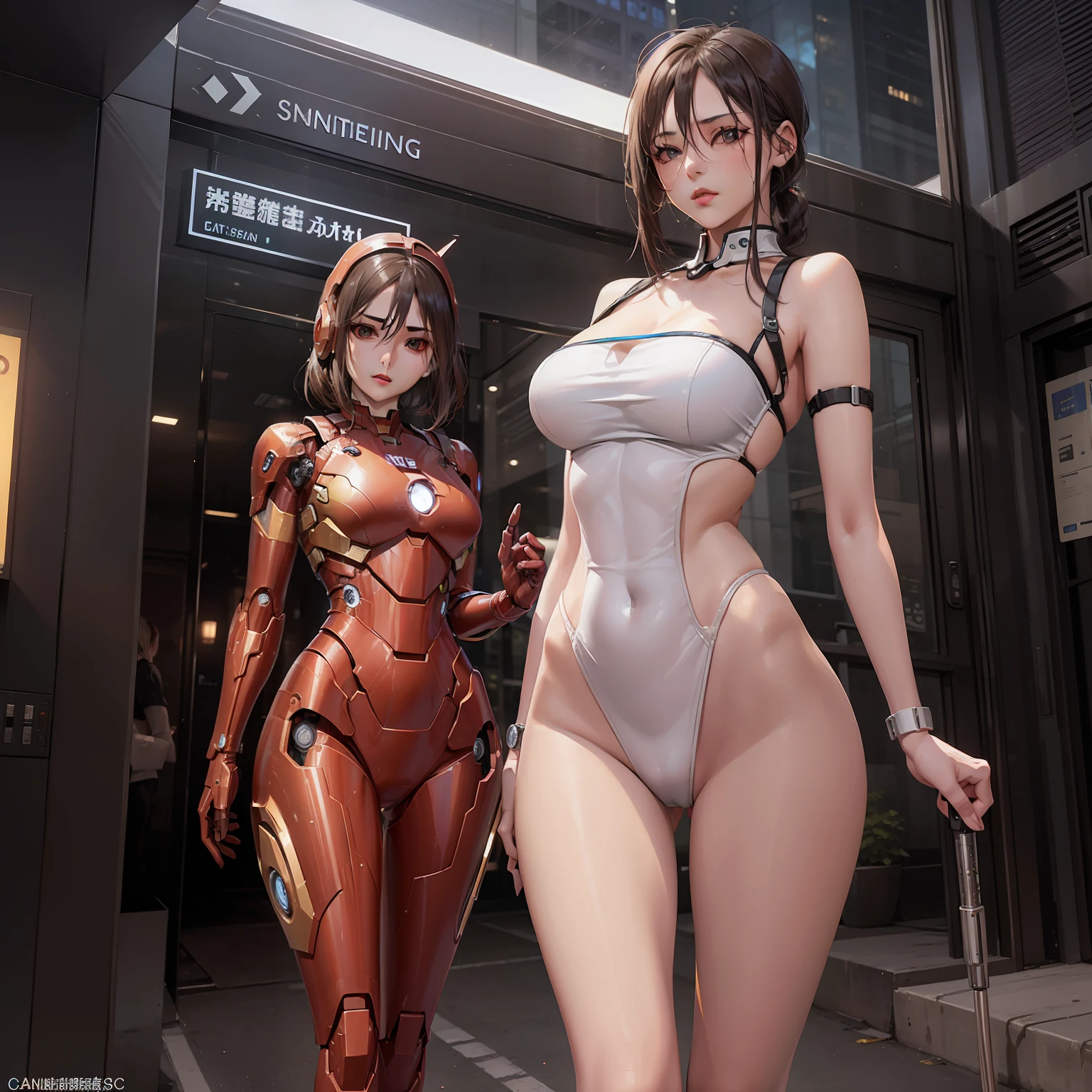 8k, realistic, attractive, highly detailed, a 20 year old girl a sexy and attractive woman inspired by Iron Man wearing a shiny Iron Man mech. She dresses with sexiness and confidence, perfectly interpreting Iron Man's strength and charisma. In a cyberpunk-style city night scene, a sexy and attractive woman takes Iron Man's cosplay as the theme. Wearing a shiny Iron Man mech, she stands on a street lined with tall buildings. The night lights of the city are bright, reflecting on her mecha, adding a sense of future technology. The surrounding buildings and streets are full of cyberpunk elements, such as neon lights, high-tech devices and futuristic architectural designs. The whole scene is full of futuristic and sci-fi atmosphere. This high-definition, high-quality picture will bring you stunning visual enjoyment, a perfect combination of sexy, futuristic and sci-fi elements. oc rendering, dramatic lighting, award winning quality