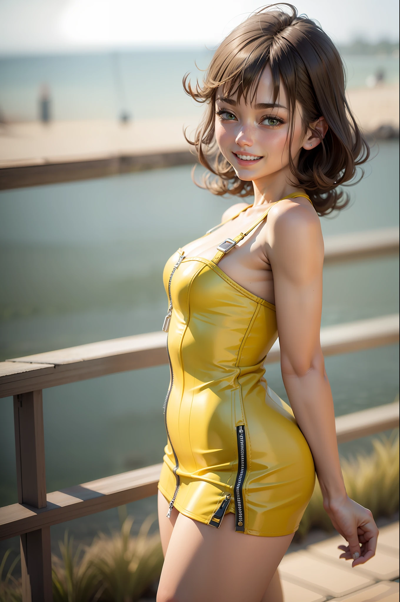 masterpiece, best quality,3d render ,3DMM style,close-up, 3D,1girl, solo, black hair, realistic, upper body, standing in a field, sea in the distance, sunshine, bokeh background, smiling, laughing, happy expression, makeup, (small perky breasts) realistic natural breasts, cleavage, standing, arched back, cameltoe, selphie, (short yellow dress:1.5), (blonde hair:1.2) big ass, skin tight dress, view from front, one leg up, selphie, petite, slim, toned abs