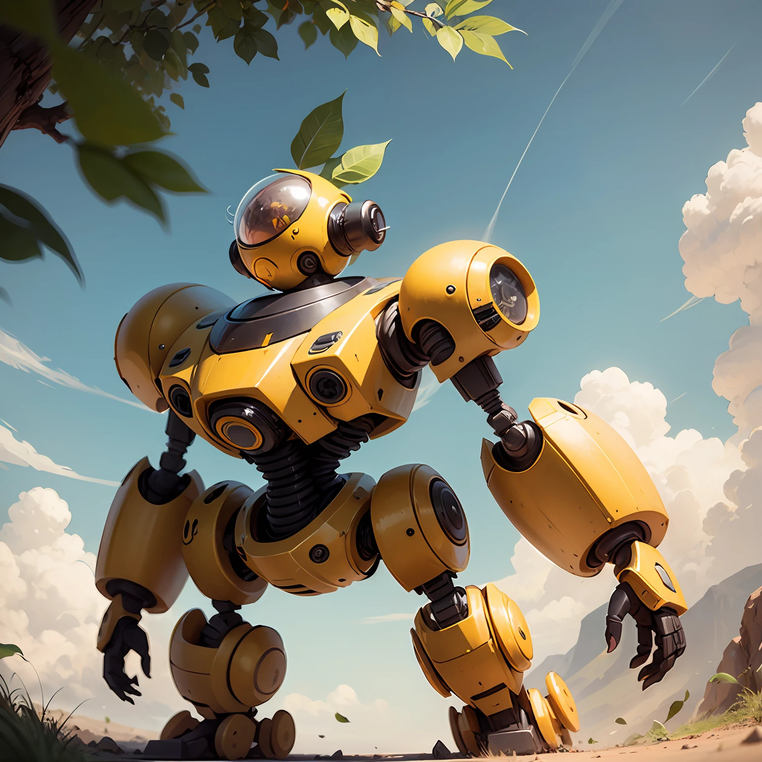 Spherical yellow robot with green leaves on the top of its head --auto