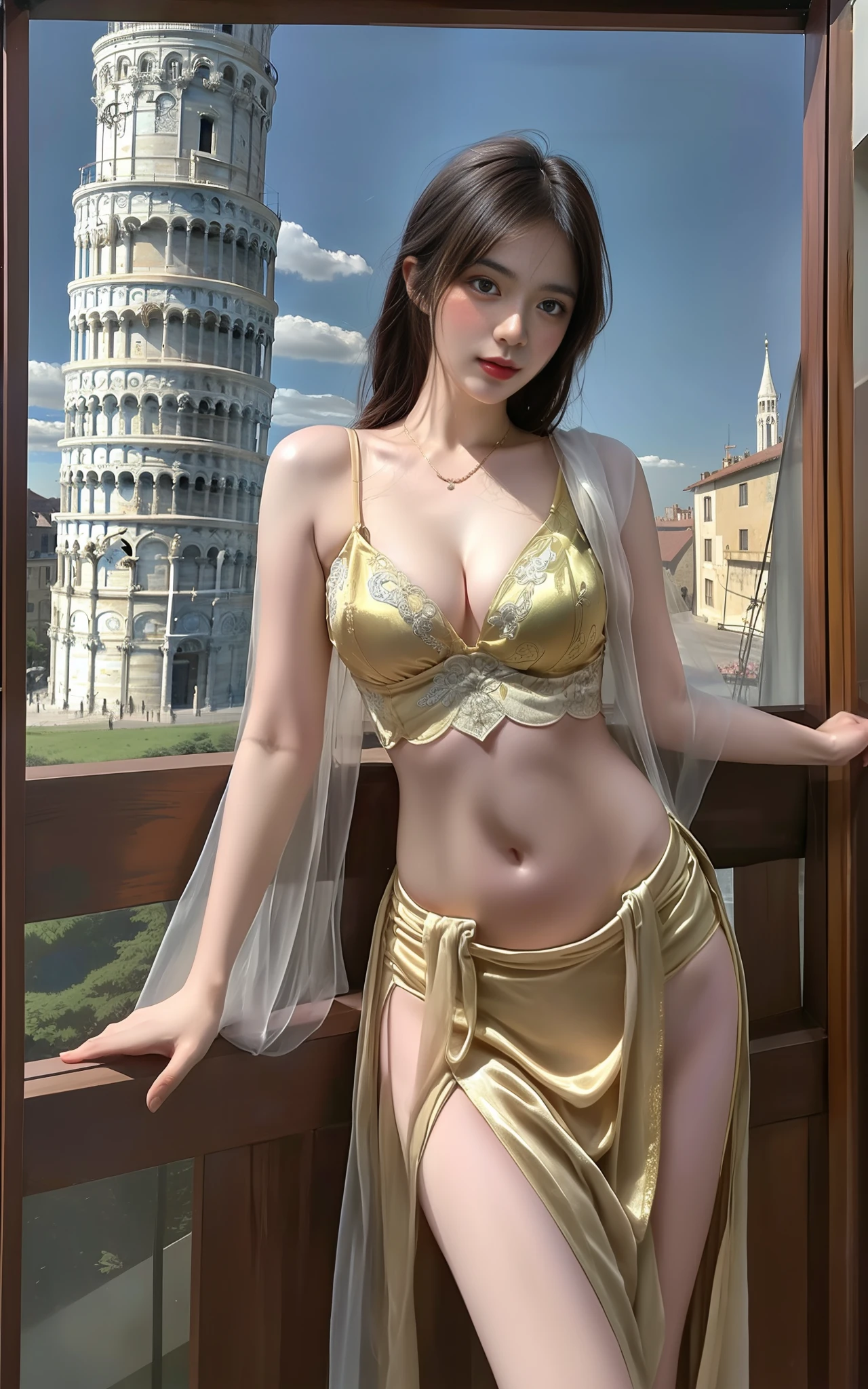 modelshoot style, (extremely detailed CG unity 8k wallpaper),full shot body photo of the most beautiful artwork in the world, stunningly beautiful photo realistic cute women intricately detailed costume, navel,princess eyes,(Leaning Tower Of Pisa background), professional majestic oil painting by Ed Blinkey, Atey Ghailan, Studio Ghibli, by Jeremy Mann, Greg Manchess, Antonio Moro, trending on ArtStation, trending on CGSociety, Intricate, High Detail, Sharp focus, dramatic, photorealistic painting art by midjourney and greg rutkowski