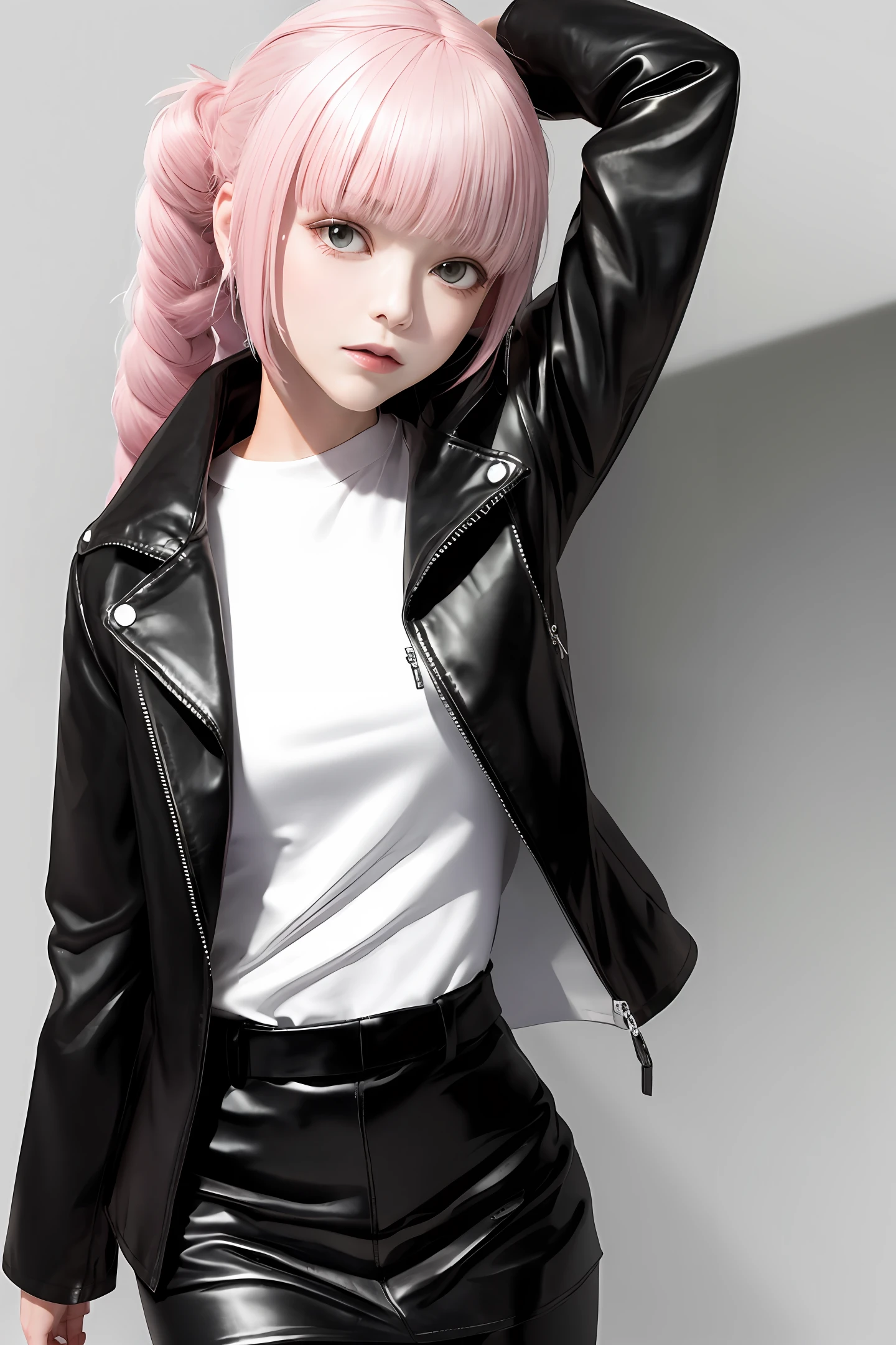 Pink-haired girl, black tight leather coat, slender clothes do not cover the body