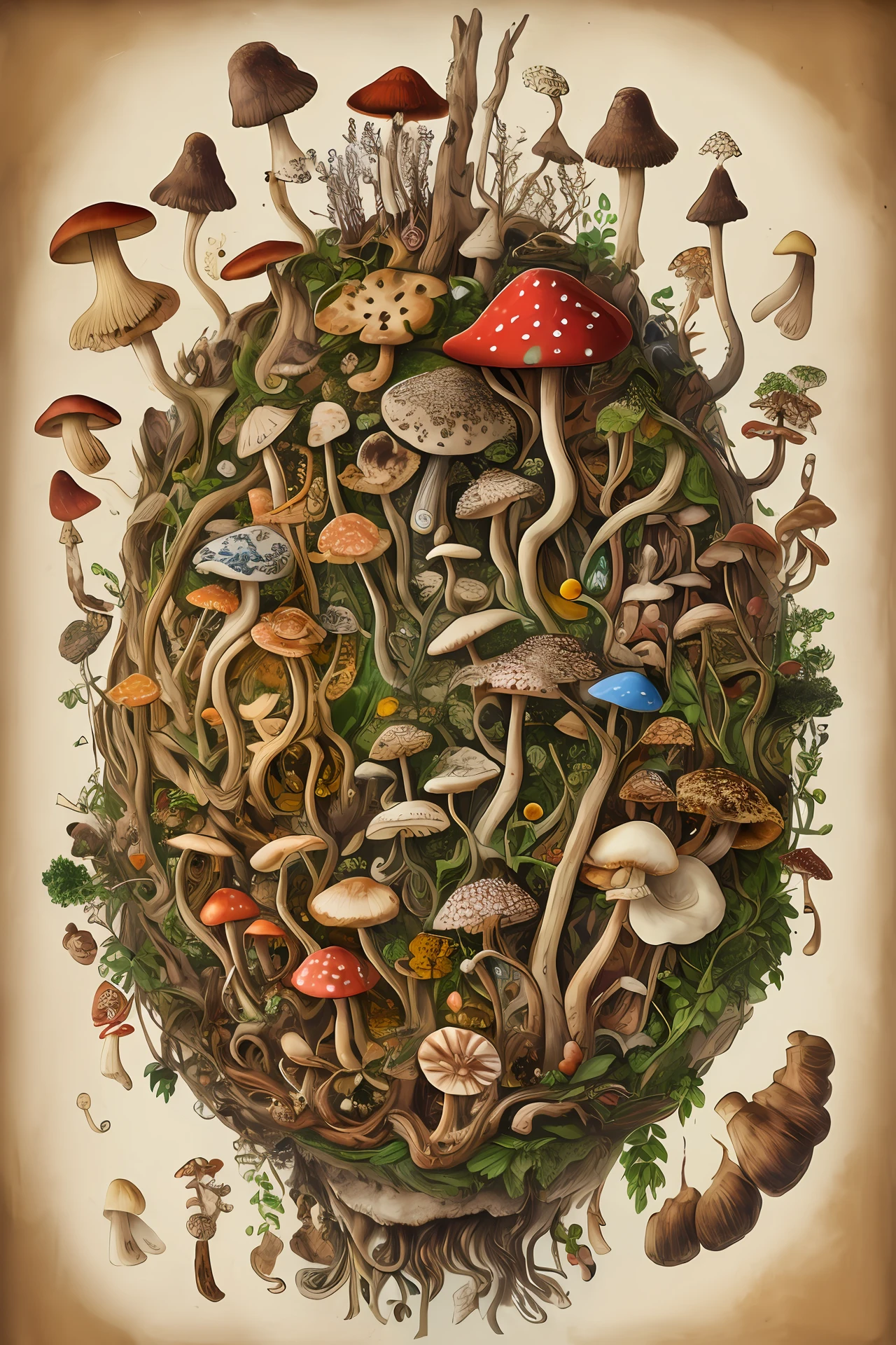 human anatomy with mushrooms, with a medieval vibe, surrealism, intense and detailed