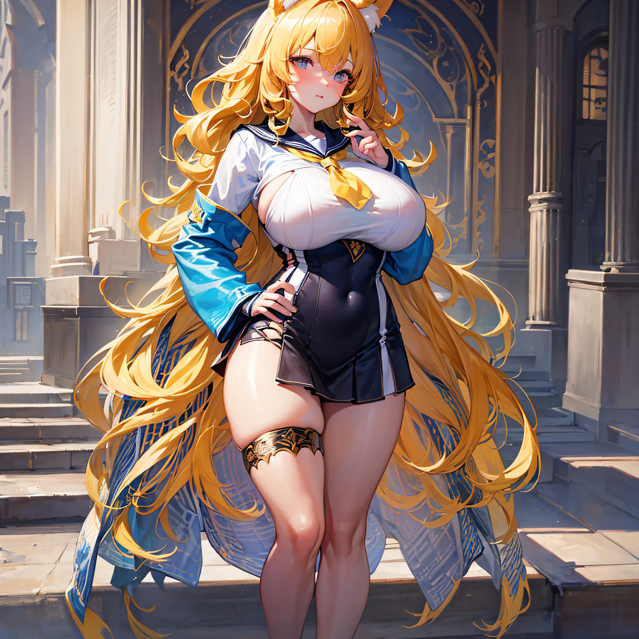 Absolutely beautiful fox girl, perfect slim body, mature royal sister face, yellow hair, large curly hair, sailor suit, sexy and seductive, beautiful face, full body portrait, standing pose, 4K picture quality, big body, feminine expression, blush shyness, deep eyes, huge breasts, short skirt, battle magic. The bust is huge