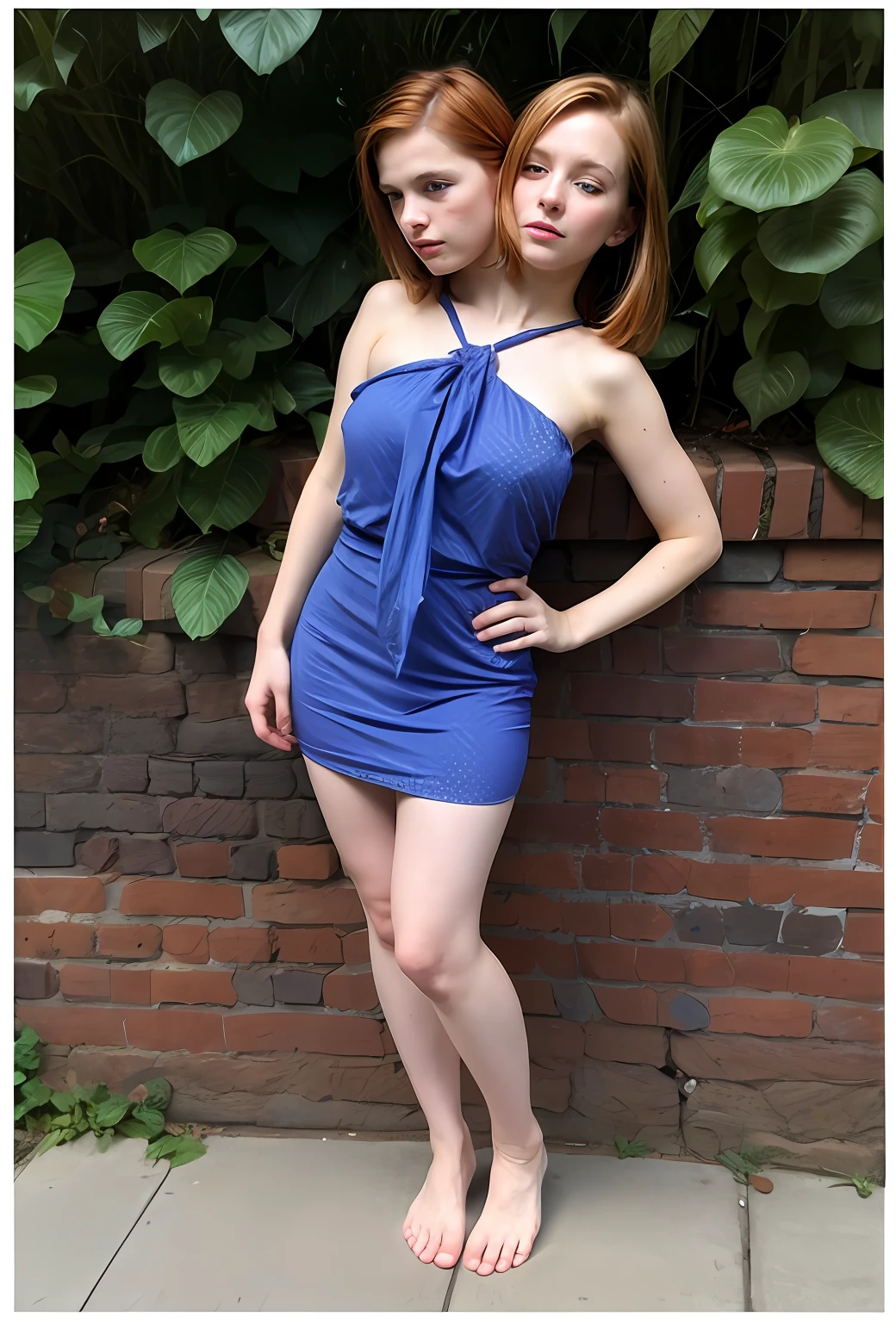 2heads, two headed girl, mom and daughter, (1head:1.5 child), (1head:1.5 young adult) (one torso:1.5), pale skin, Scottish redhead, ager, white girls, different ages, (two heads on one body:1.4), (first head uncomfortable:1.5), (second head unhappy:1.5) conjoined twins, heads side by side, one torso, young, realistic faces, lifelike faces, uncomfortable, barefoot