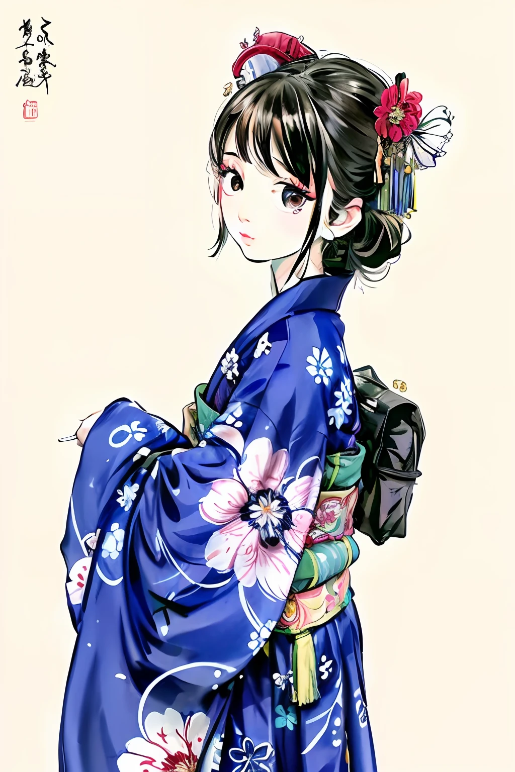 Ink painting, kimono woman, Kano school, standing facing the front, morning glory flowers on background, face front, beautiful girl