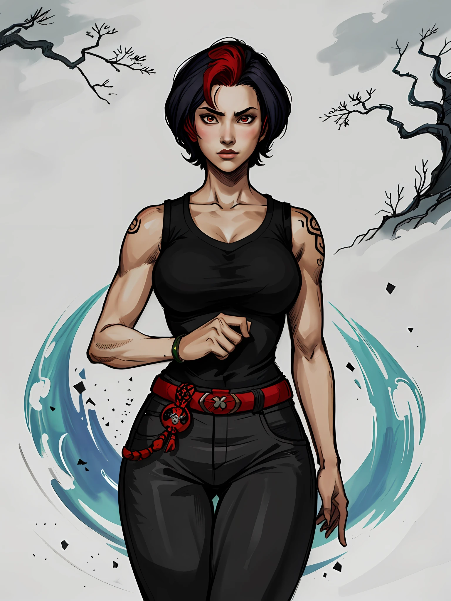 beautiful woman, Asian, black sleeveless short t-shirt, black lag pants, black short hair with red locks, street style, ink, (solo), realistic,((masterpiece)), (best quality), (detailed), (1 girl), thighs, large breasts, inspired by Shunkōsai Hokushū, No Mohrbacher artistic style, asura of Chinese myth, the god of chaos, inspired by Ryūkōsai Jokei, in the style of peter mohrbacher