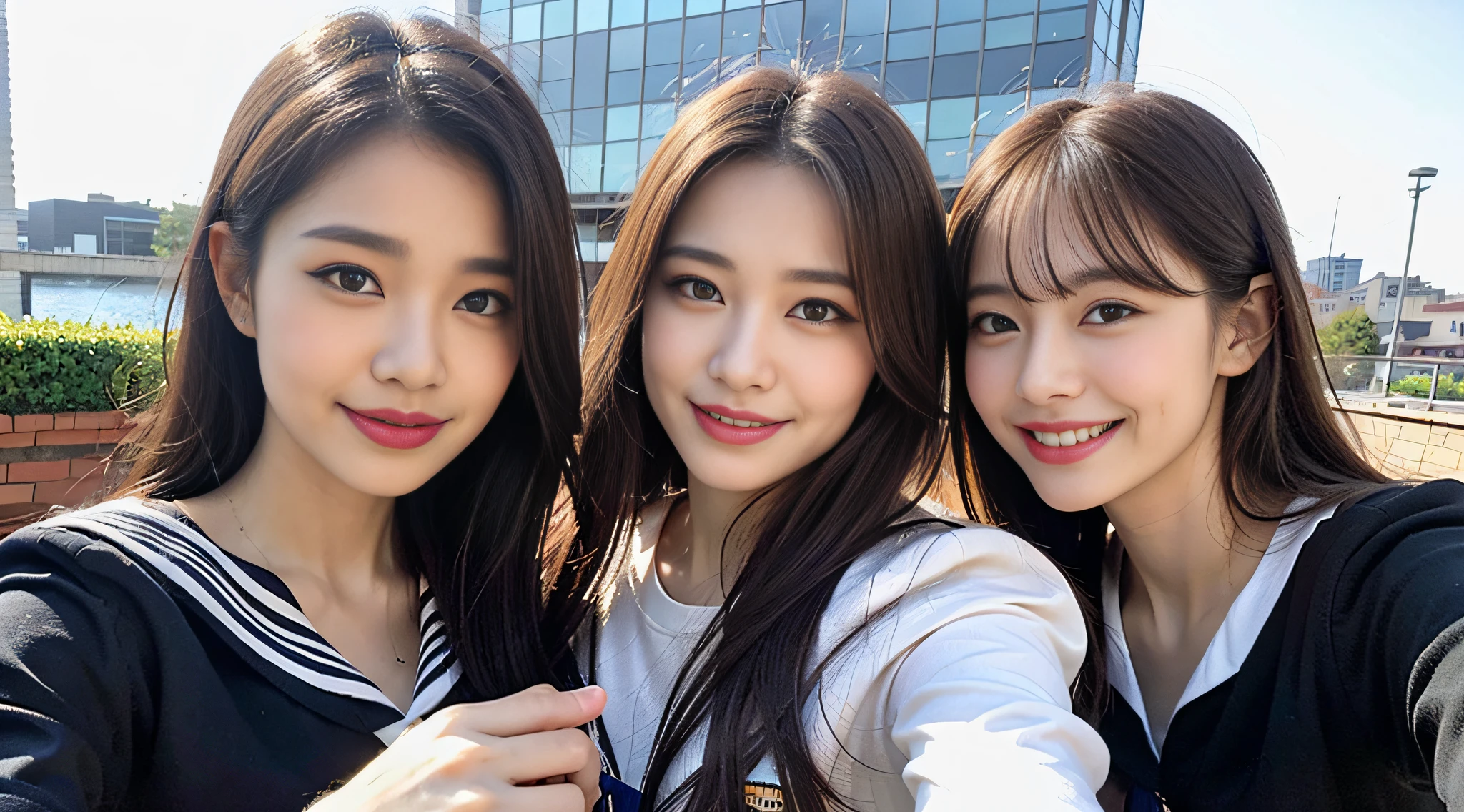 (8k, RAW photos, top quality, masterpiece: 1.2), ultra detail, super resolution, (realistic, actual photos: 1.37), (photorealistic: 1.6), eating lunch on the roof of the school. , Fantastic scenery, cute lunch box, Gakko rooftop, lunch break, fashionable school, futuristic city, school of the future, future world, fantastic world, new world, high resolution RAW color photo, professional photo, very detailed and beautiful, (pointing at the camera), real light (with both hands wide open and palm facing us), smile so much that you can see your teeth, beautiful scenery mixed with light, Very detailed sailor suit, amazingly cute female proofreading, amazing cute smile, transcendent cute face, amazing details, red scarf, very detailed beautiful girls, different pattern face, one is a ponytail, modern cute schoolgirl, very detailed face very detailed eyes, very realistic skin, very detailed fingers, very detailed nose, very detailed mouth, perfect anatomy, Highly detailed sailor suit, highly detailed background,after school,。 full of smiles, long straight hair, (dull bangs: 1.2), Celebrity level cuteness, high school girl youth (pink eye shadow)