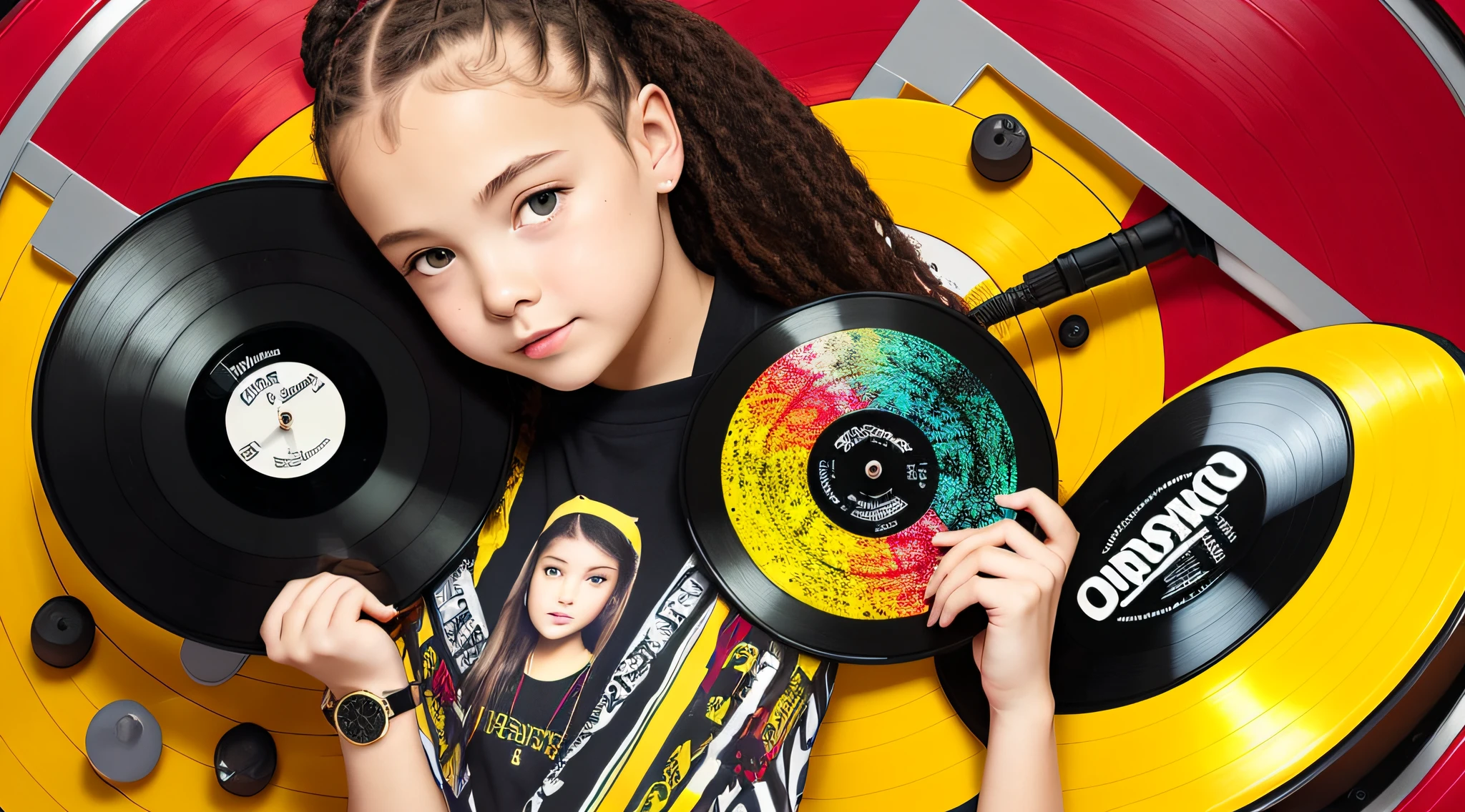 mENINA BLONDE CHILD IN BRAIDS, holding a record and a watch in her hands, music is life, music records, black and yellow and red scheme, vibrating with music, promotional images, holding a vinyl record, uploading high quality, wearing red and yellow clothes, spinning records, holding a disc, yellow and red color scheme, Red and yellow color scheme, official product photo
