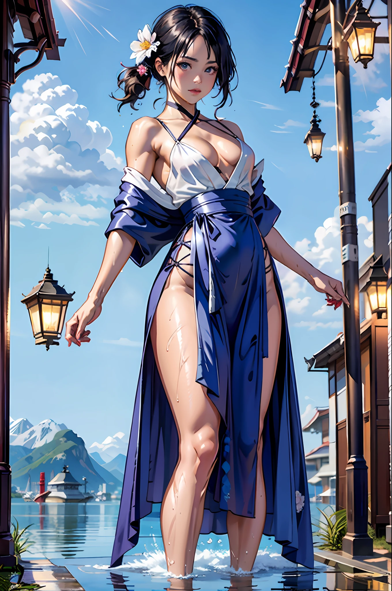 1girl, breasts, moon, lantern, night, solo, large breasts, hair ornament, wet, kimono, japanese clothes, wading, water, hair flower, flower, outdoors, sky, full moon, rain, black hair, off shoulder, mountain, cloud, holding, sash, bare shoulders, paper lantern, standing, white kimono, night sky, sideboob, obi, wet clothes, bangs, tree, from side, reflection, short hair, cloudy sky, wet hair (((masterpiece),(extremely detailed CG unity 8k wallpaper),best quality,,solo,1girl,cinematic lighting,detailed background,beautiful detailed eyes,bright pupils, (an extremely delicate and beautiful),(Beautiful and detailed eye description)， ultra-detailed,masterpiece,)),