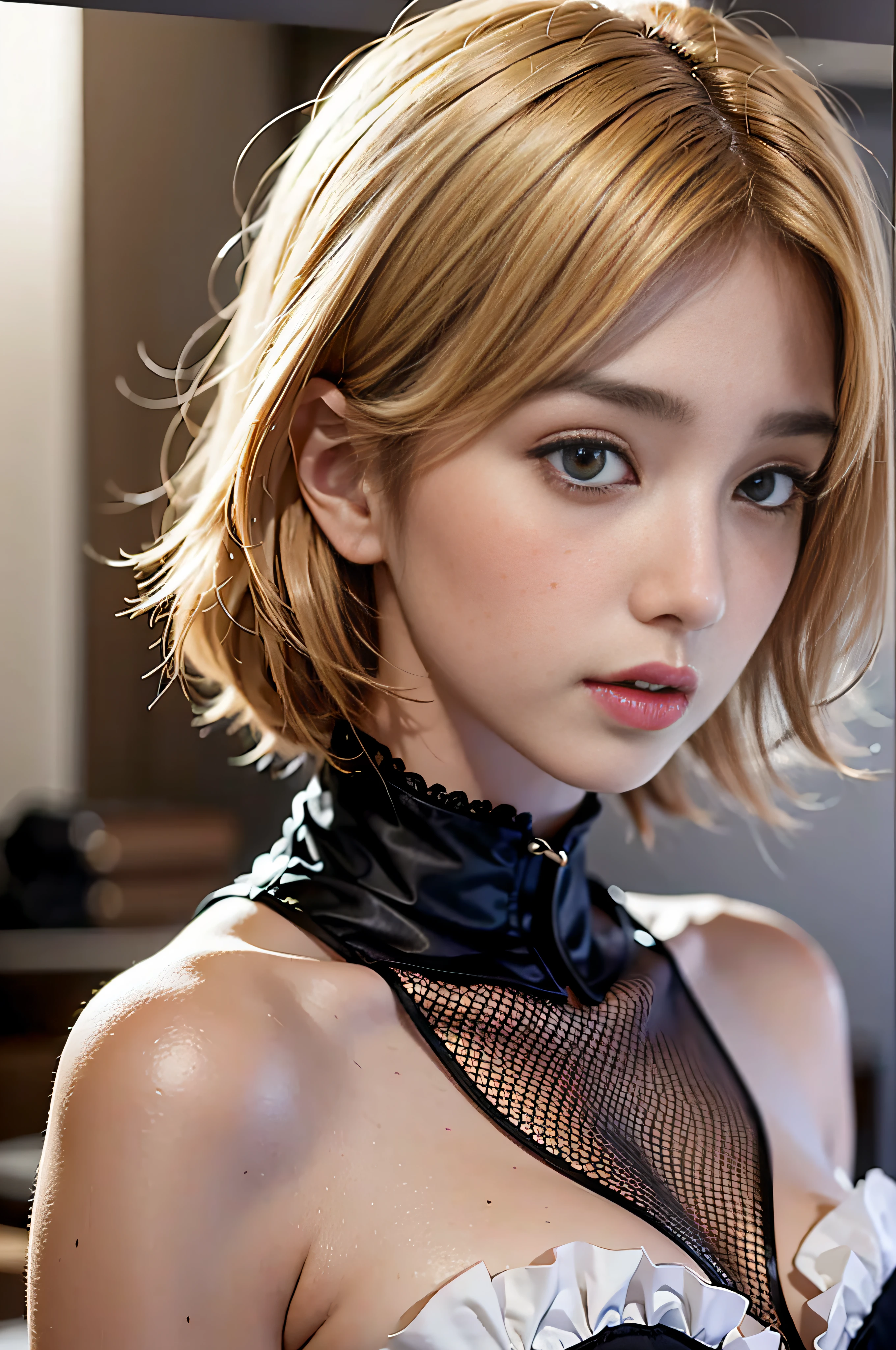 Kawakami_mai, 1girl, sexy, low-cut, blonde hair, detailed face, sexy,, aheago, looking at viewer, close up, corset,