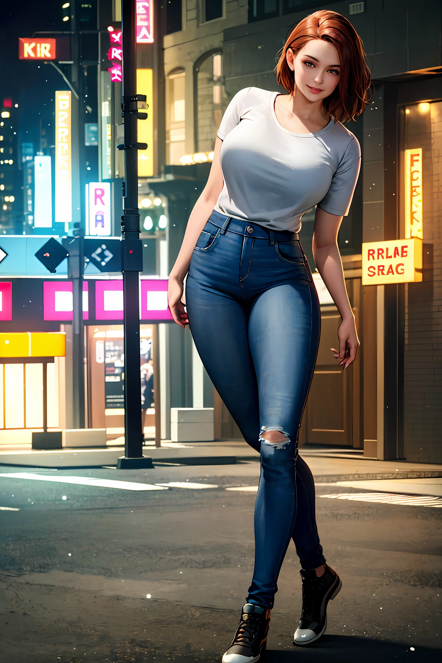 (8k), (best quality), (masterpiece:1.2), (realistic), (photorealistic:1.37), ultra-detailed, 1 girl, caucasian, detailed face, (tight jeans), (t-shirt), ((night street background)), (stands erect), ((perfect female body, skin denture)), mature woman, milf, narrow waist, huge breasts, smile, (full body), sexy legs, redhead | rabo de cavalo wavy,high quality, HDR, 4K, photorealistic, amazing skin details, (slightly sweaty body:0.5), professional photo