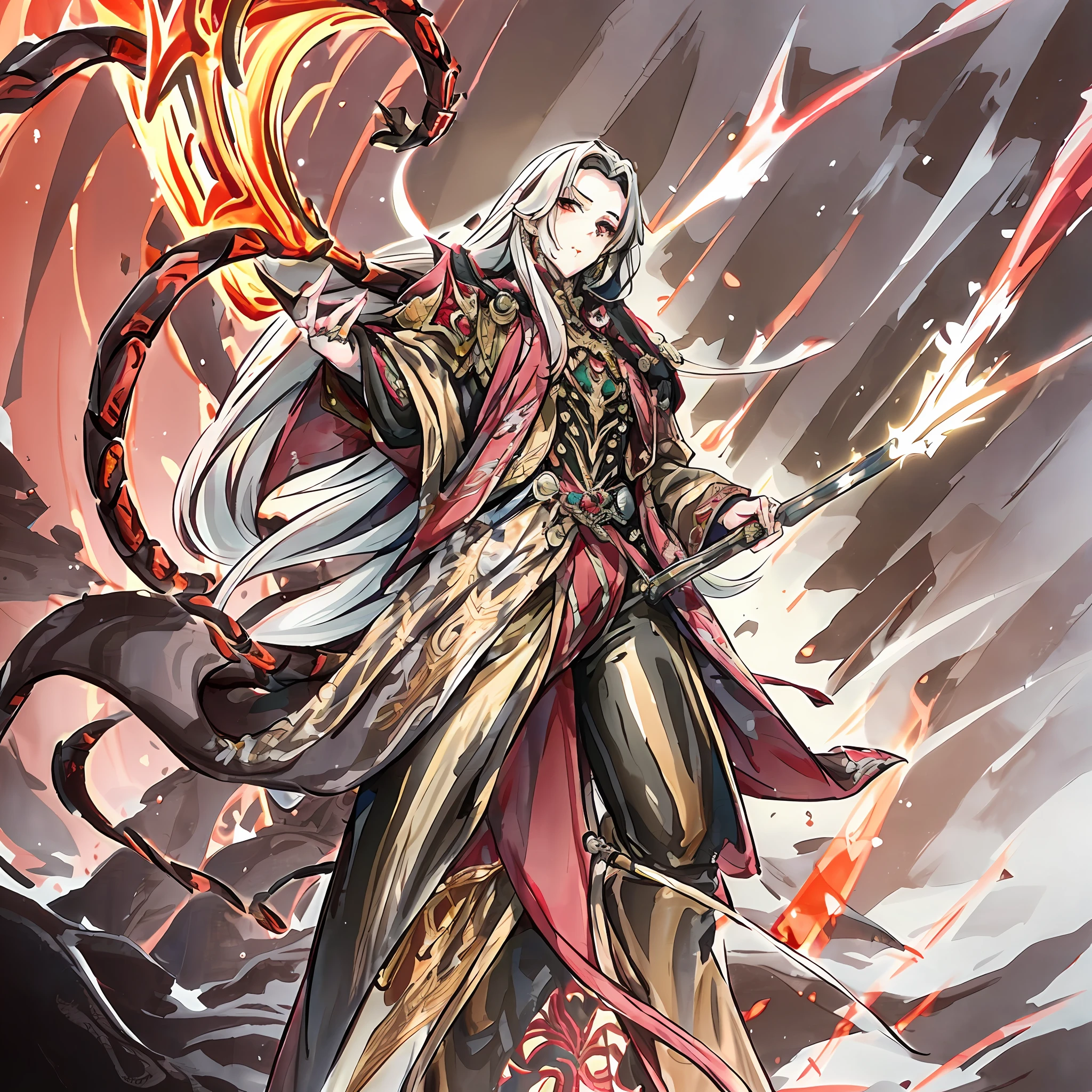 "A long-haired man with white hair, dressed in a red and black battle robe adorned with golden dragon patterns, wielding a golden staff, piercing through the mountains with his weapon."